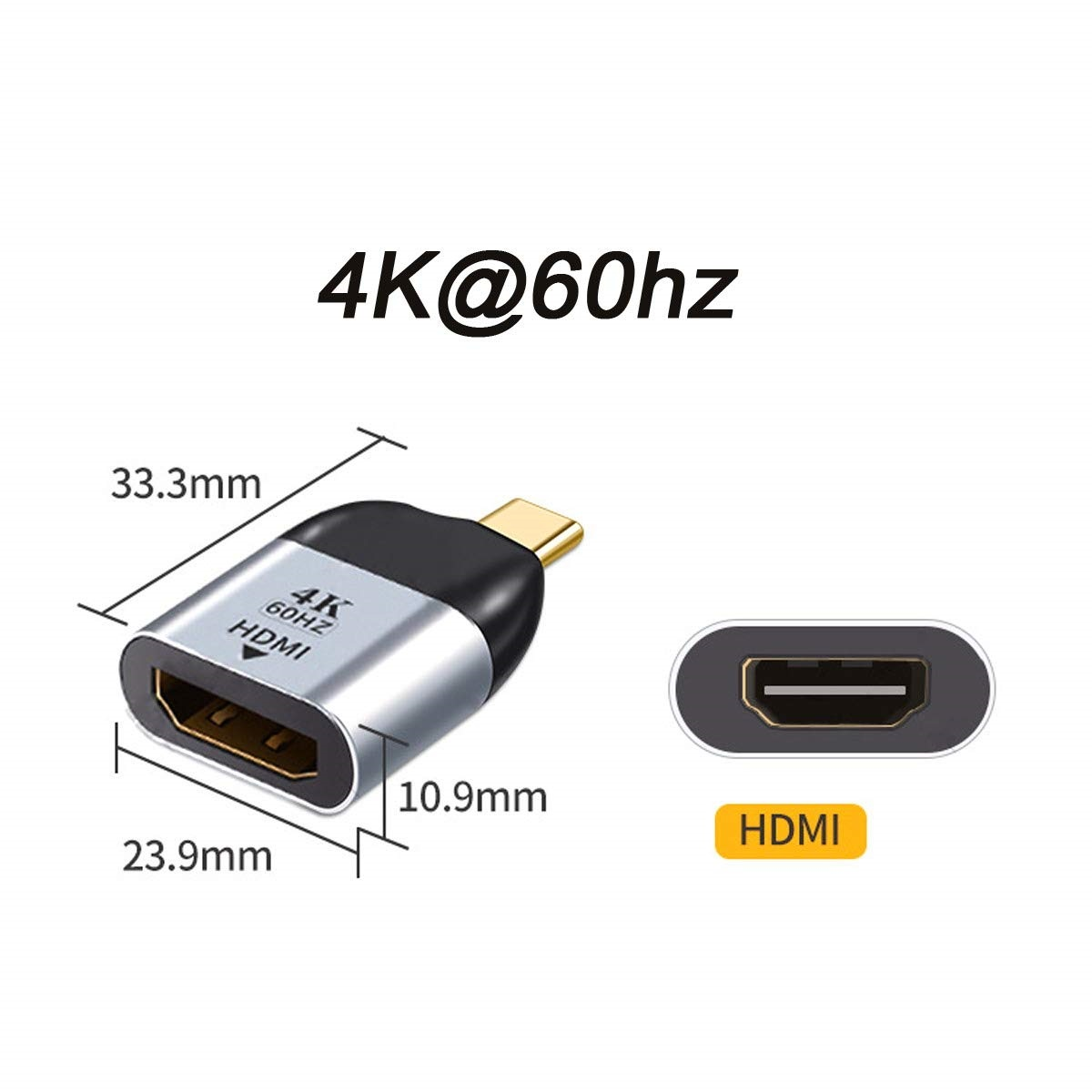 Ein schwarzer und silberner HDMI-Adapter mit Maßen. Text zeigt 4K@60hz an.