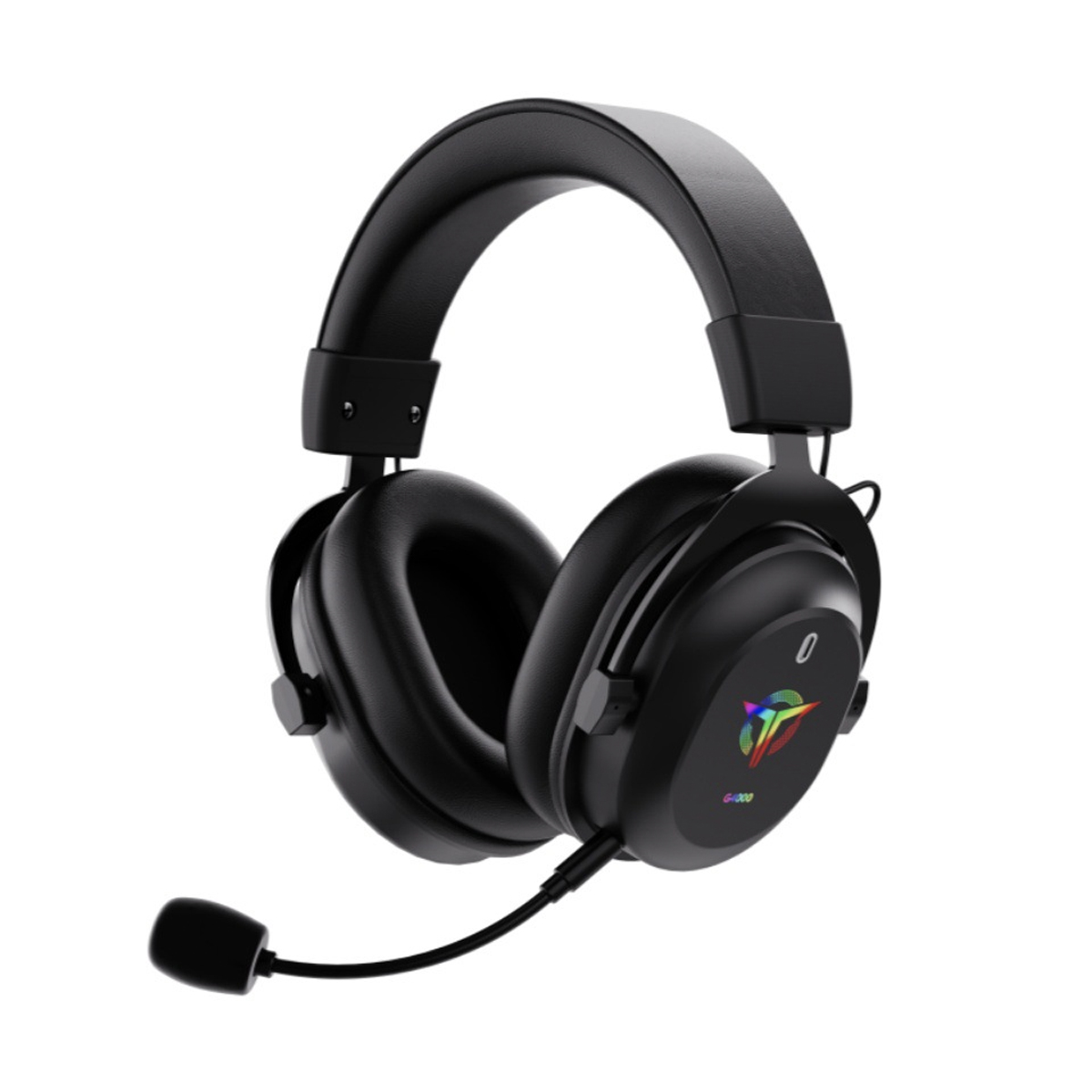 Schwarzes Gaming-Headset mit Mikrofon und Logo. Es hat Ohrmuscheln und ein Stirnband.