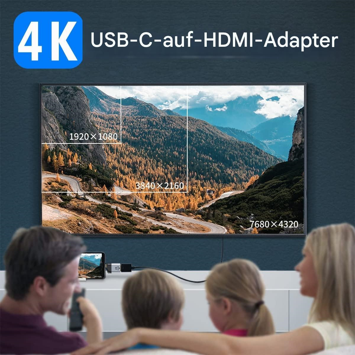Ein Fernsehbildschirm mit Landschaft und verschiedenen Auflösungsgrößen, mit einer Familie beim Zuschauen.