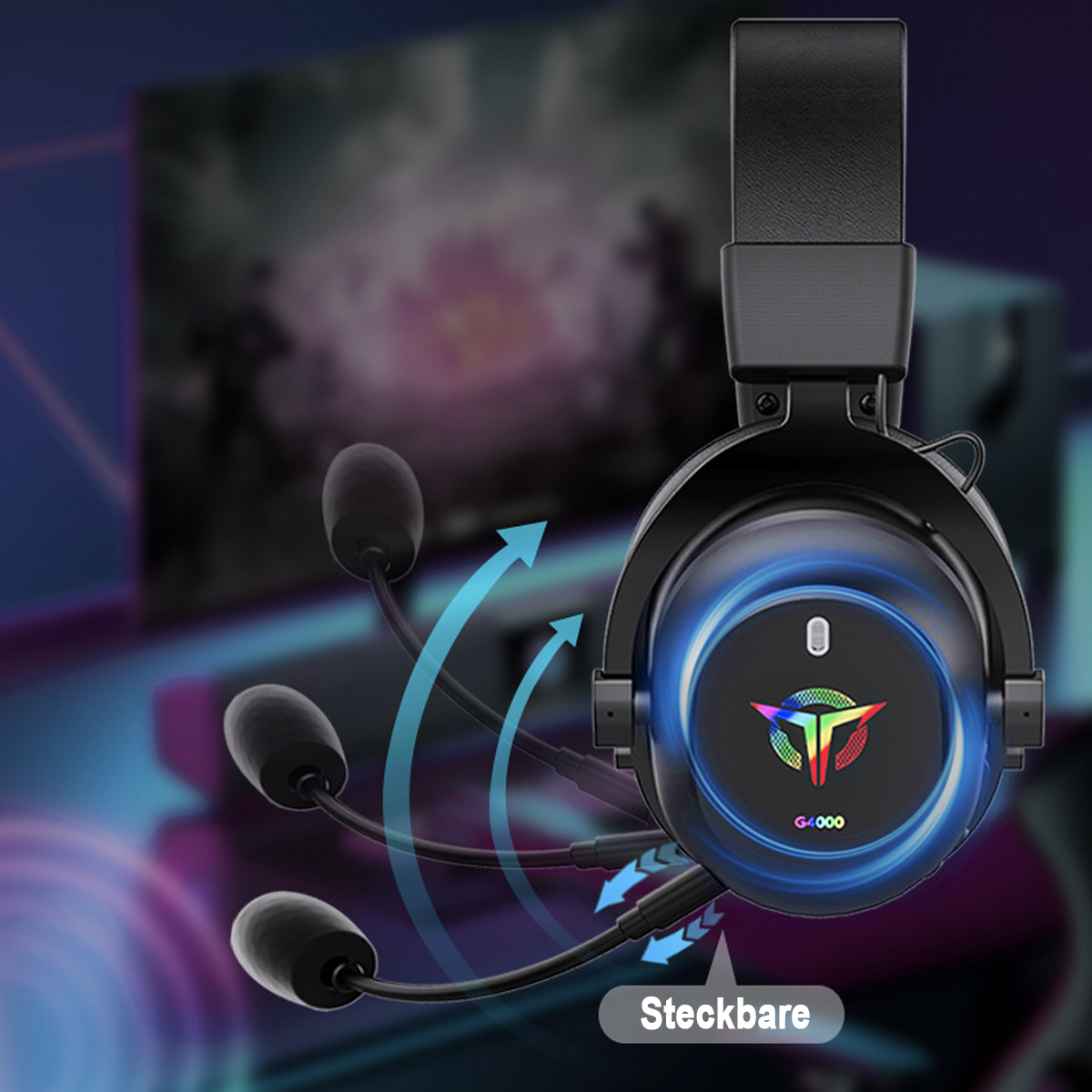 Schwarzes Gaming-Headset mit RGB-Beleuchtung, mit Mikrofon. Im Hintergrund ist ein verschwommenes Gaming-Setup zu sehen.