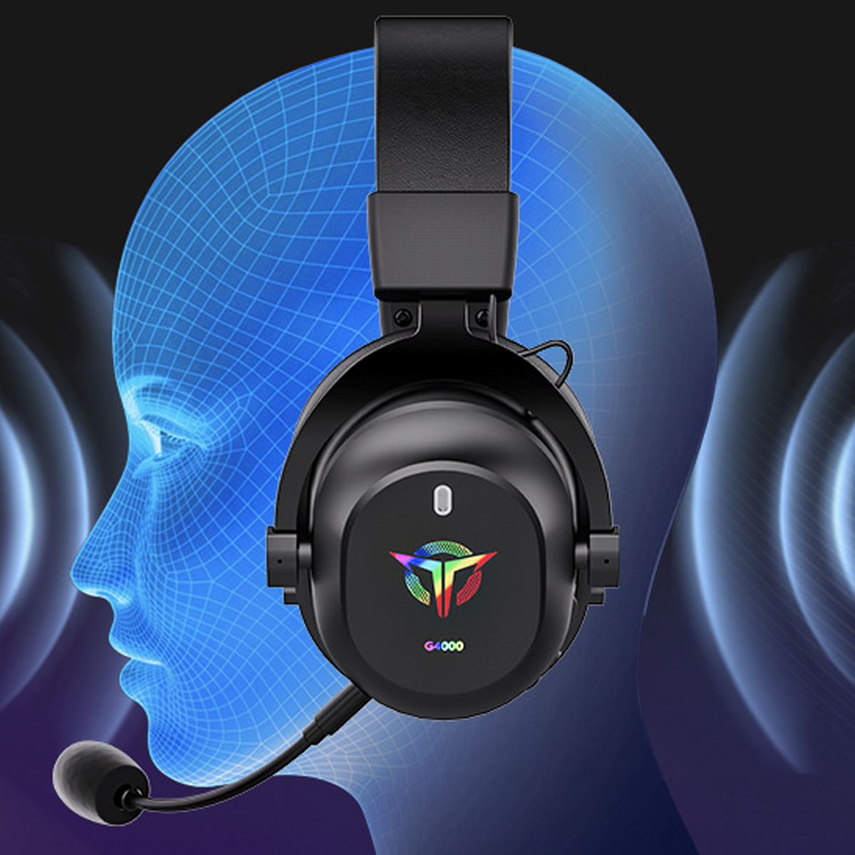 Schwarzes Gaming-Headset mit Mikrofon. Im Hintergrund befindet sich ein blaues Drahtgitter-Kopfbild.