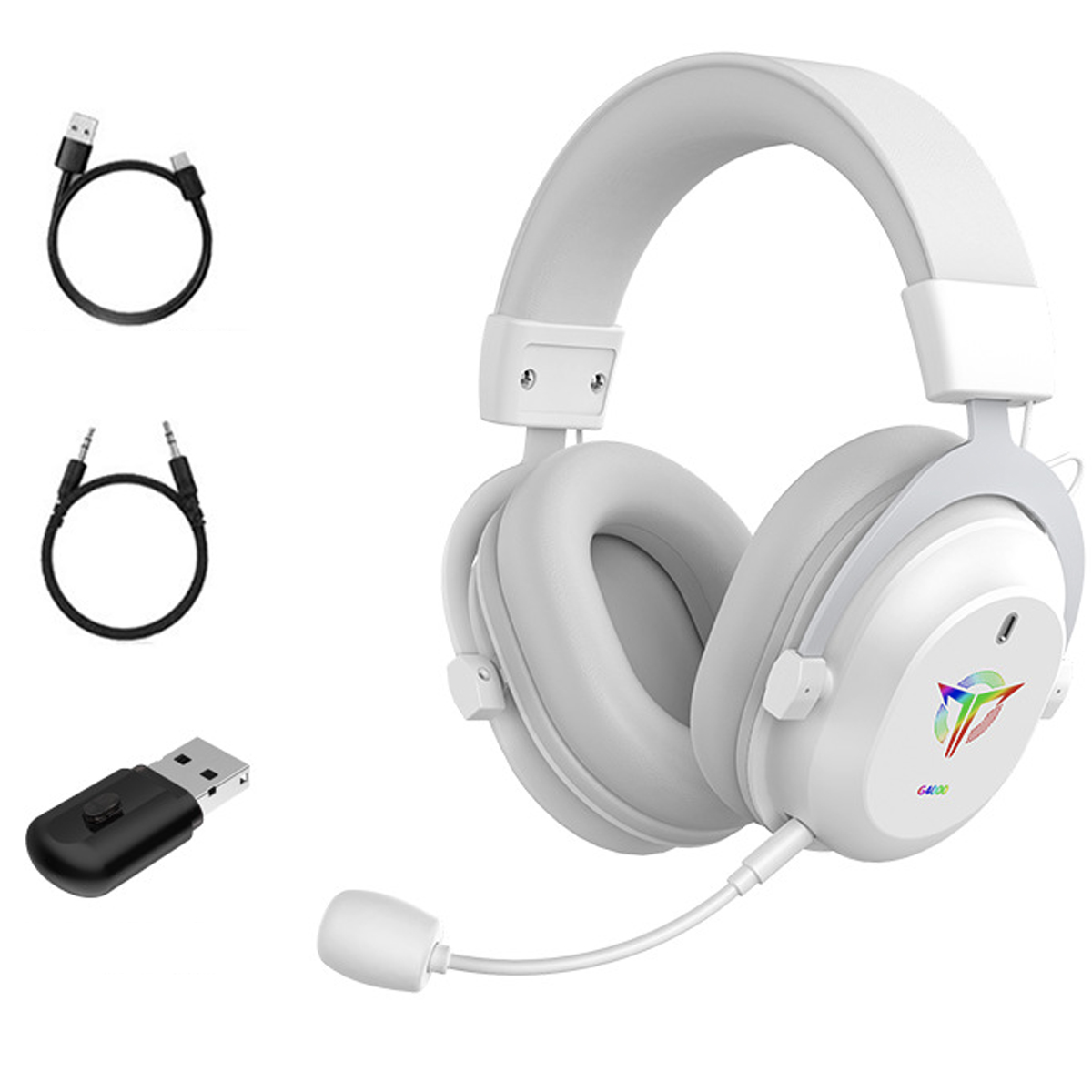 Weiße Gaming-Kopfhörer, ein USB-Empfänger und Kabel.