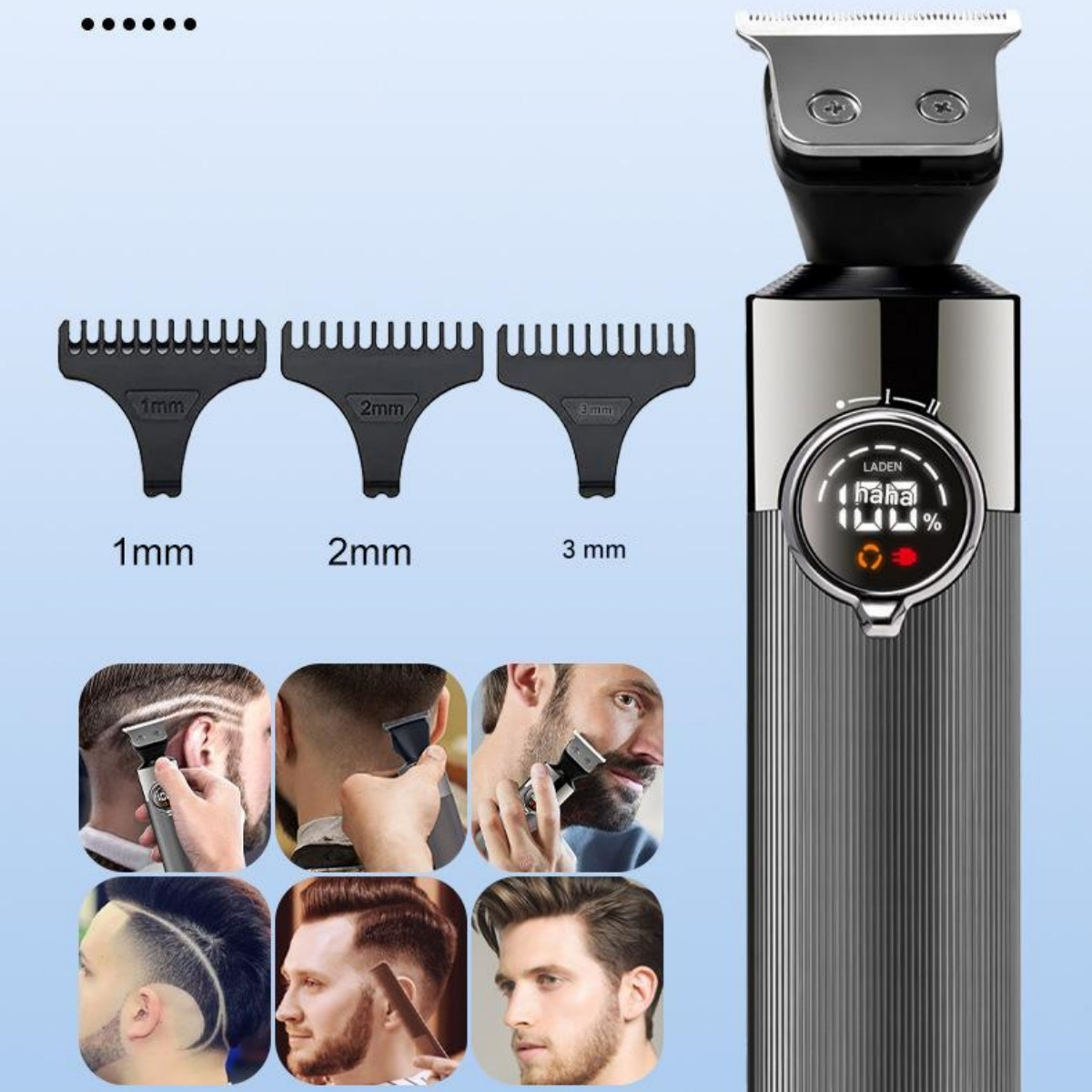 Haarschneider mit Kämmen von 1 mm, 2 mm und 3 mm. Beispiele für Frisuren und die Anzeige.