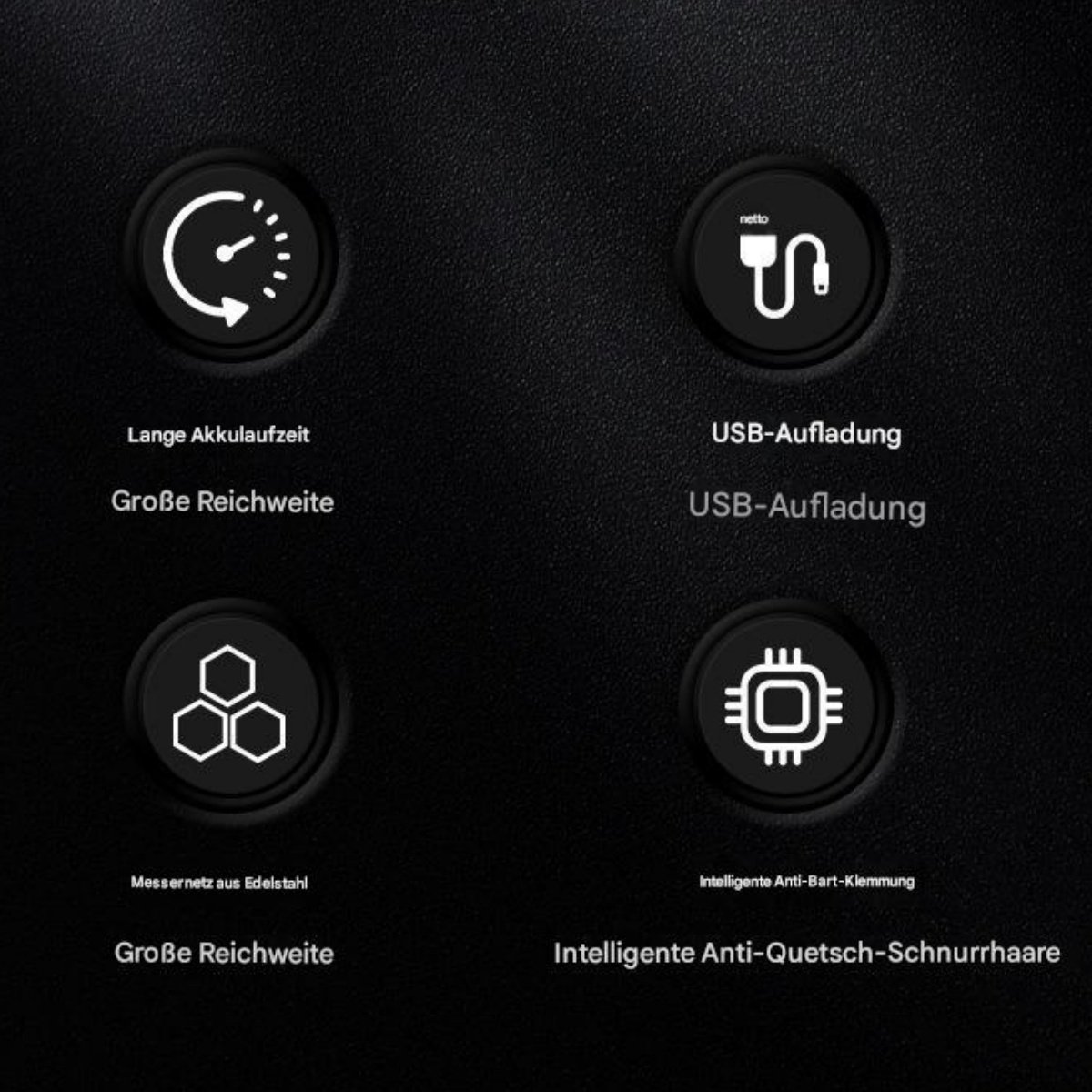 Symbole auf schwarzem Hintergrund: Batterie, USB, Stahlmesser und Sicherheitsverschluss. Text unter jedem Symbol.