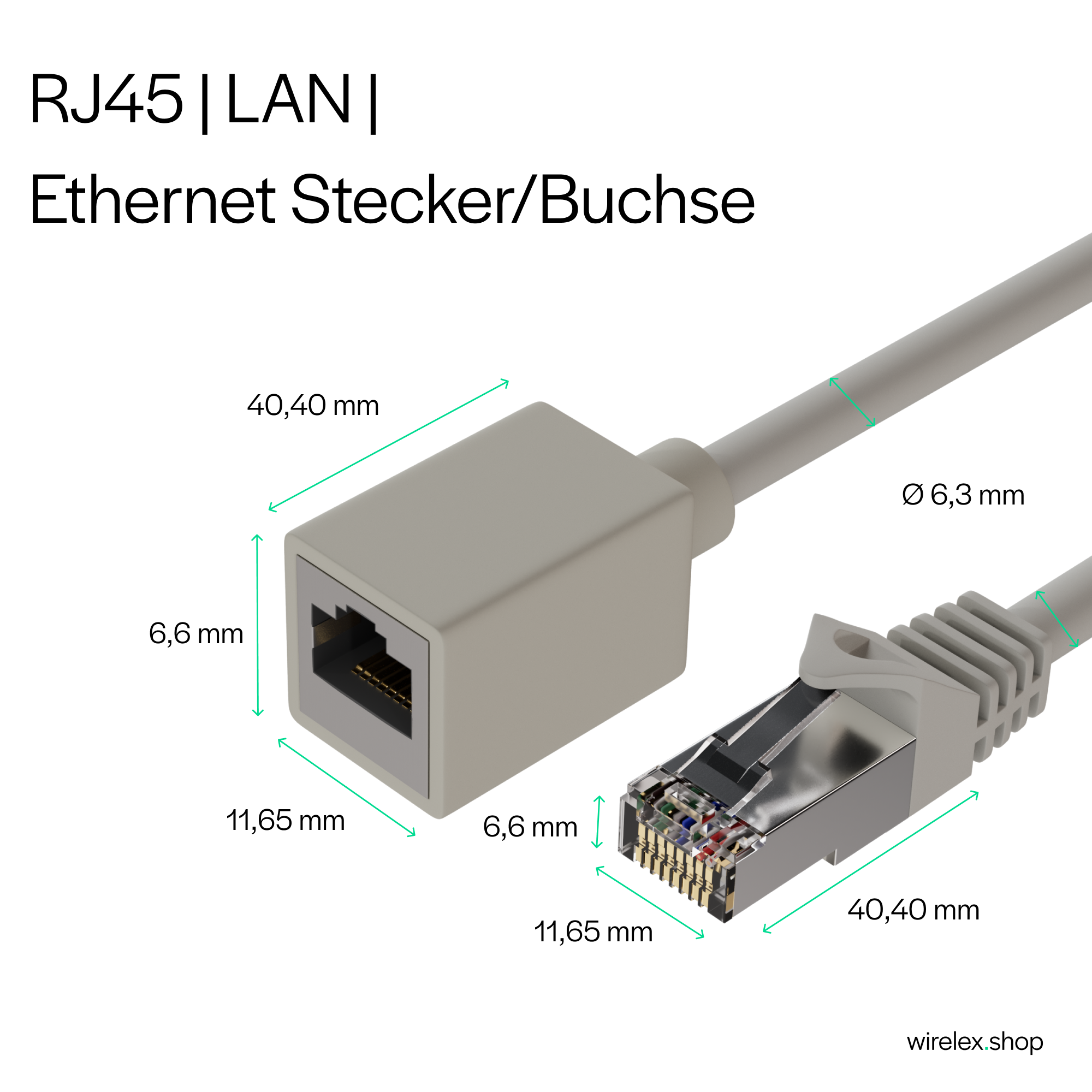 RJ45 LAN Ethernet-Anschluss mit angegebenen Abmessungen. Grauer Stecker und Kabel.