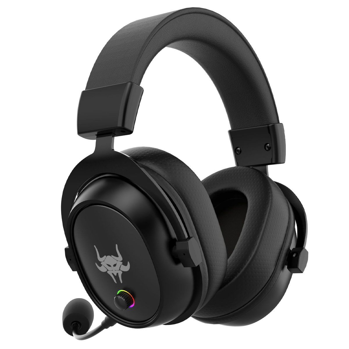 Ein schwarzes Gaming-Headset mit Mikrofon. Es hat Ohrmuscheln und einen Kopfbügel. Ein Logo ist auf der Ohrmuschel.