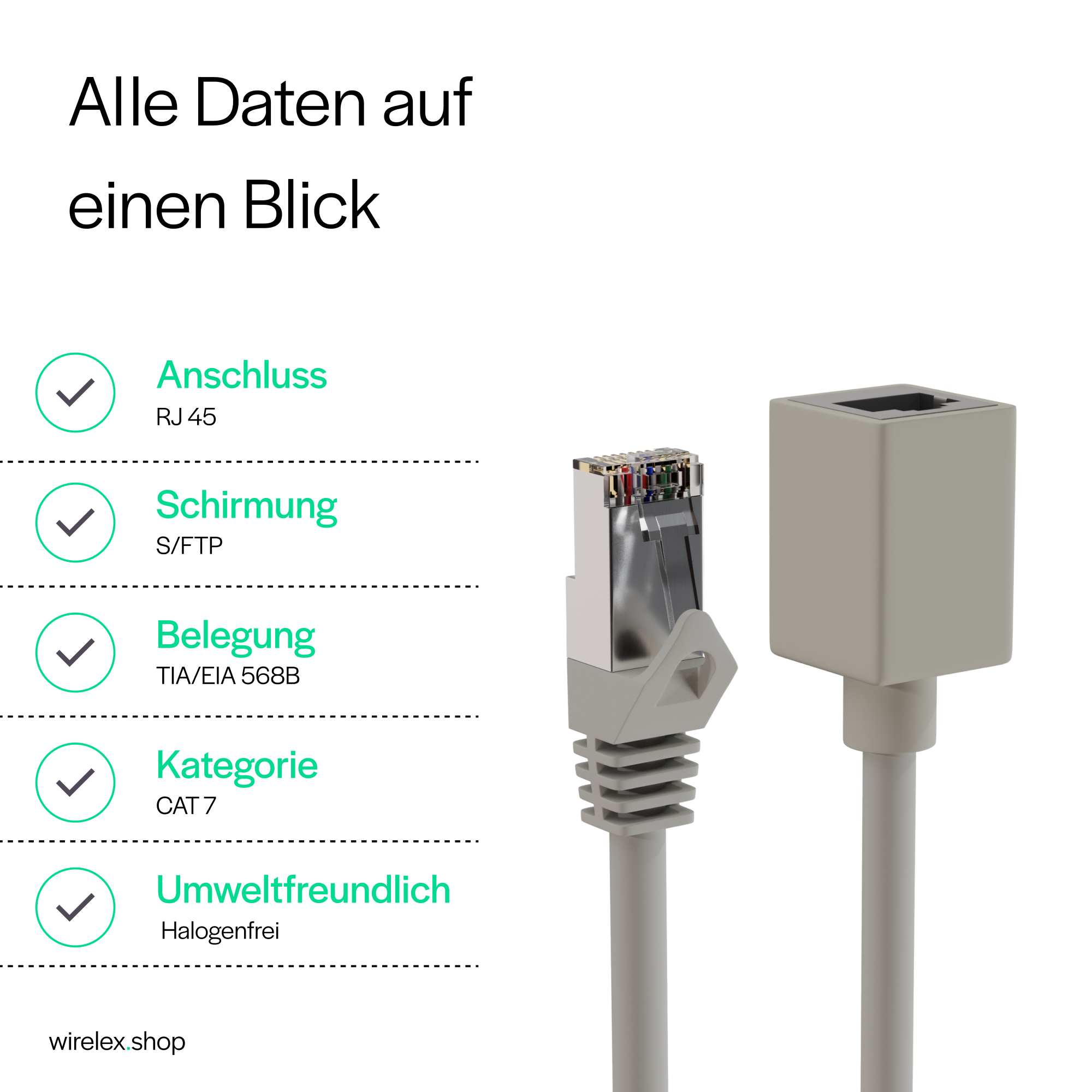 Nahaufnahme eines grauen Ethernet-Kabels mit Stecker und Spezifikationen auf der linken Seite.