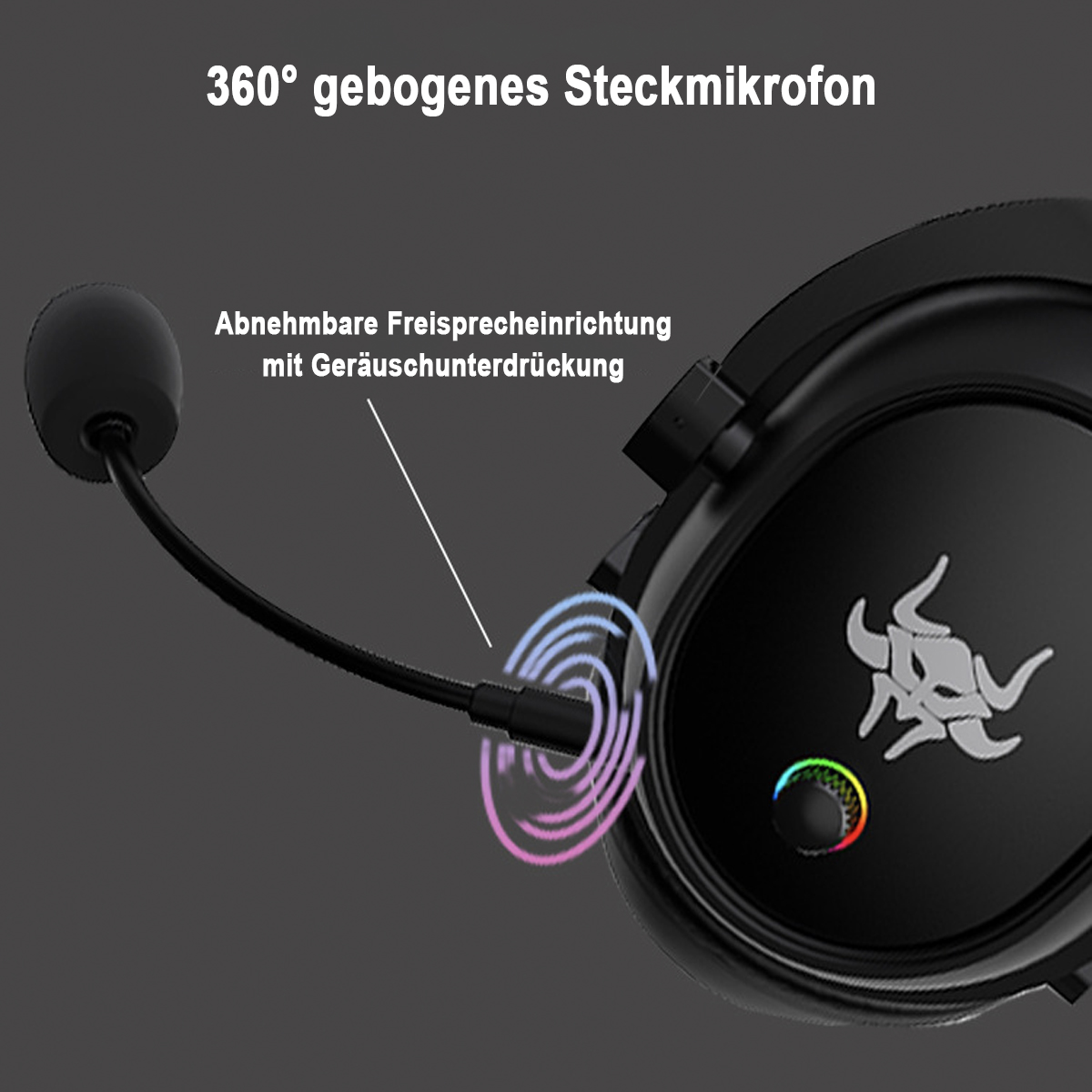 Ein schwarzes Headset mit flexiblem Mikrofon, das sich zum Mund des Benutzers erstreckt.