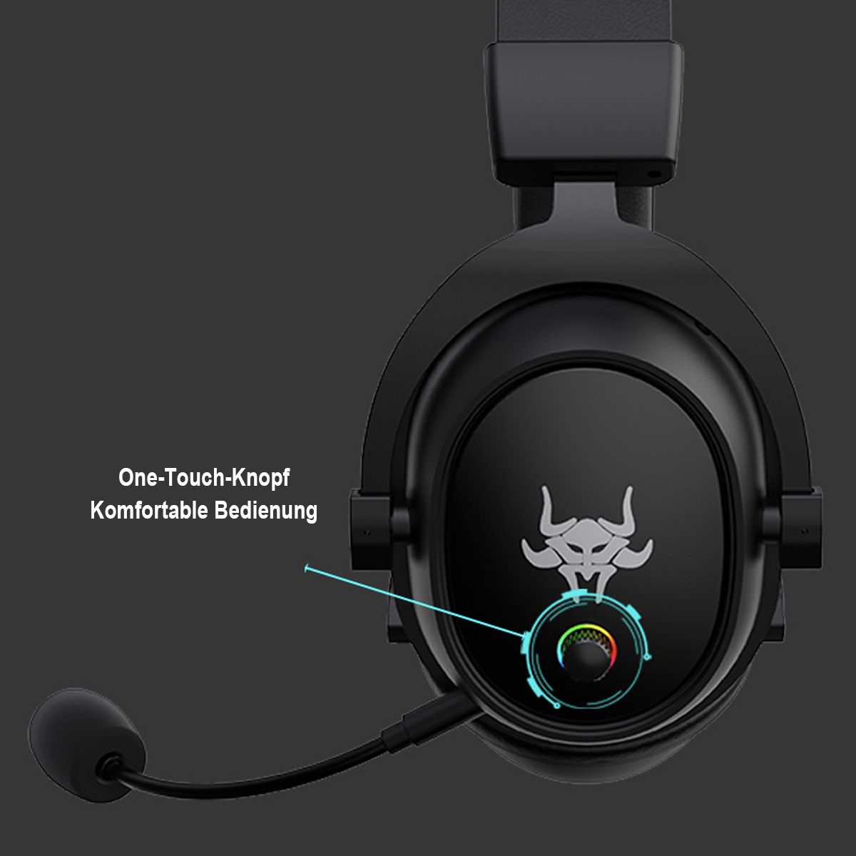 Schwarzes Gaming-Headset mit Mikrofon. Eine Taste ist mit Text auf Deutsch hervorgehoben.