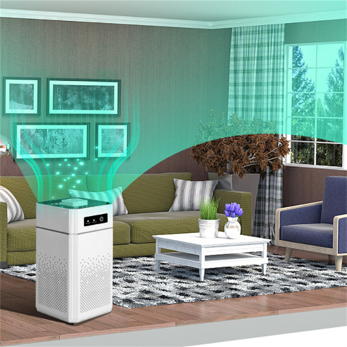 Wohnzimmer mit Luftreiniger, der grünes Licht aussendet; Sofa, Gemälde und Tisch sichtbar.
