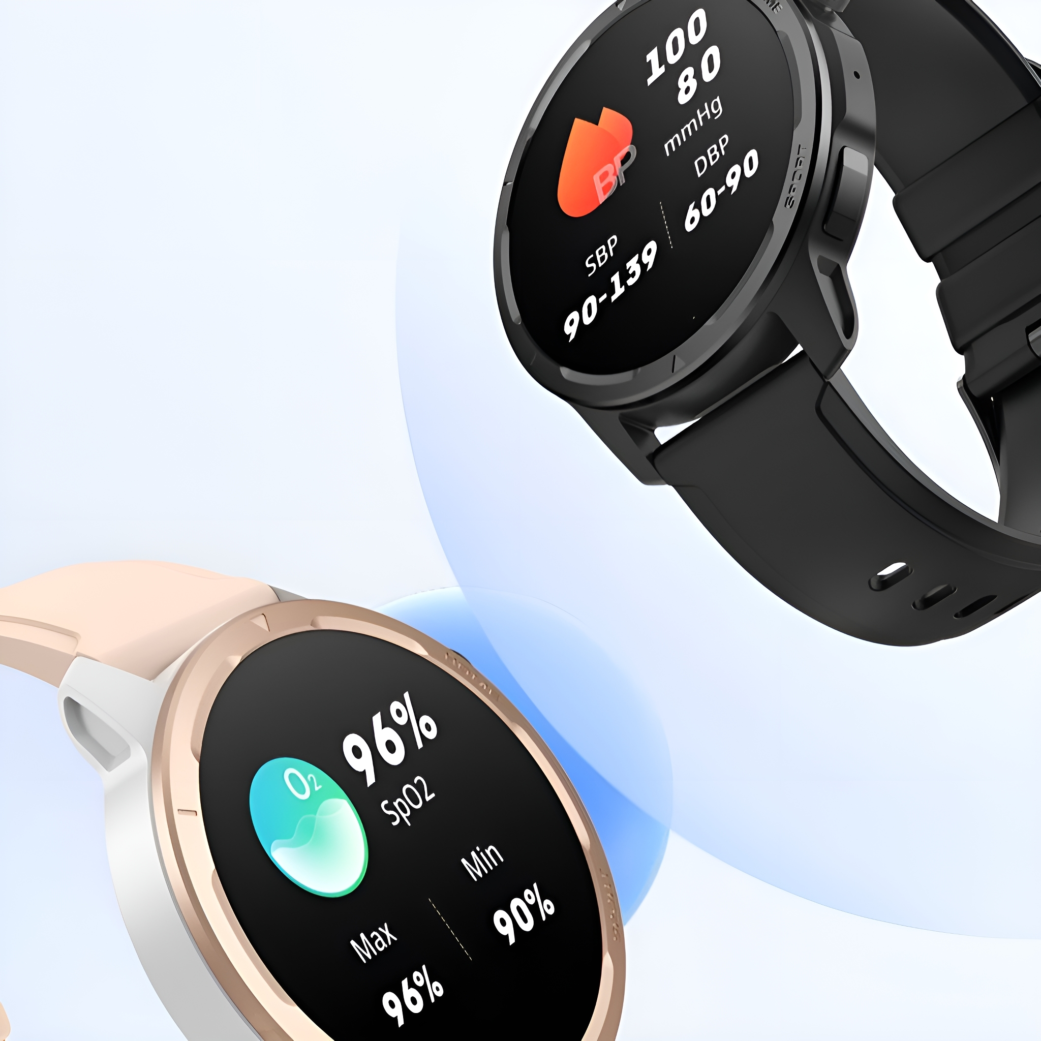 Zwei Smartwatches, die Gesundheitsdaten anzeigen, vor blauem Hintergrund.