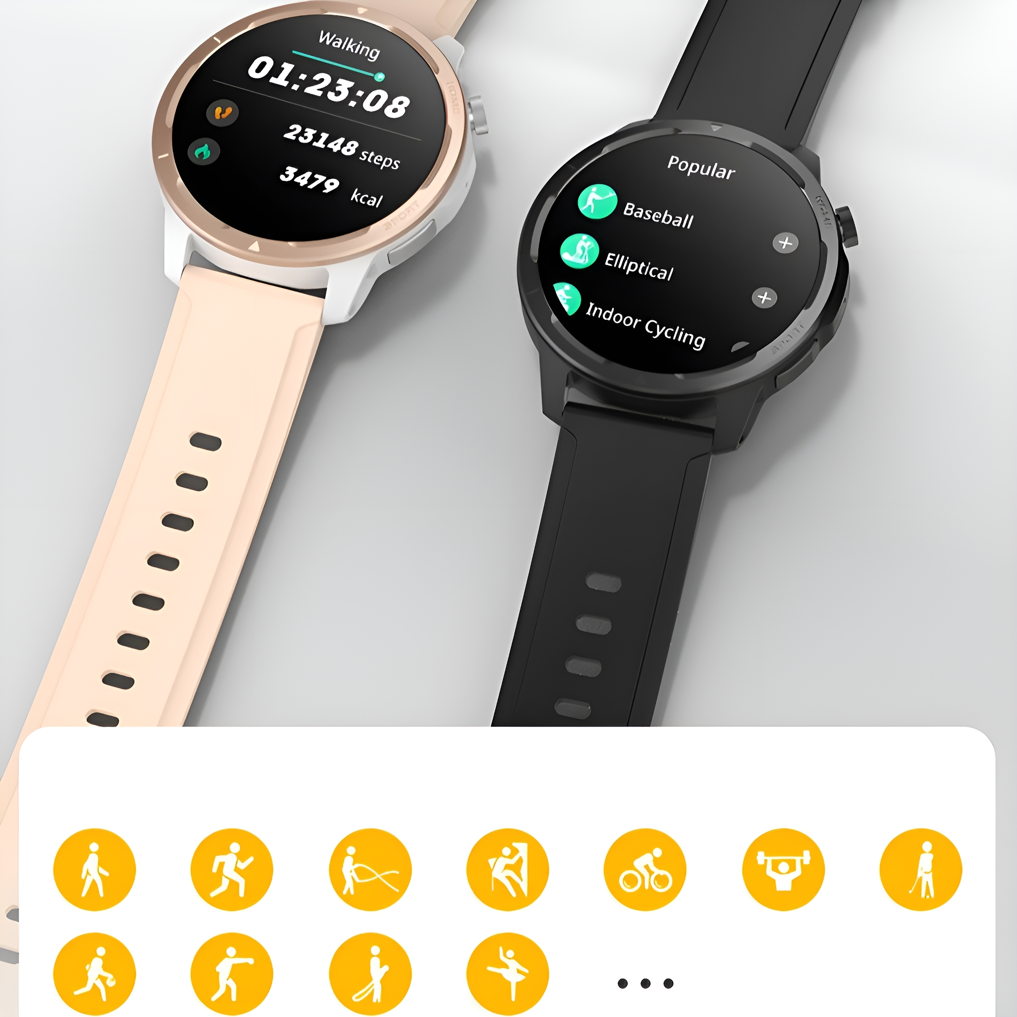 Zwei Smartwatches, eine rosa und eine schwarze, die Fitnessdaten anzeigen. Symbole für verschiedene Übungen werden gezeigt.