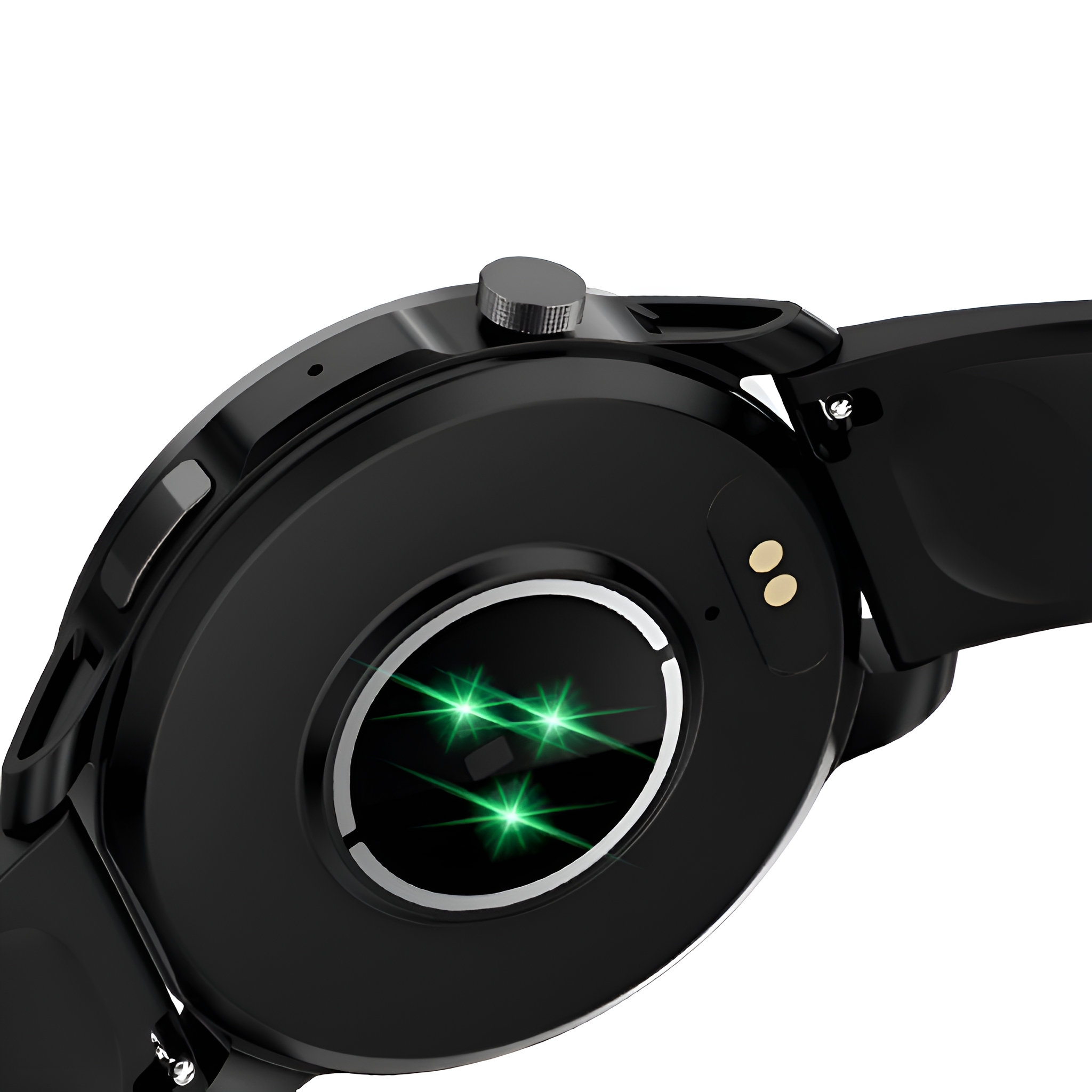 Nahaufnahme der Rückseite einer schwarzen Smartwatch mit grünen Lichtsensoren.
