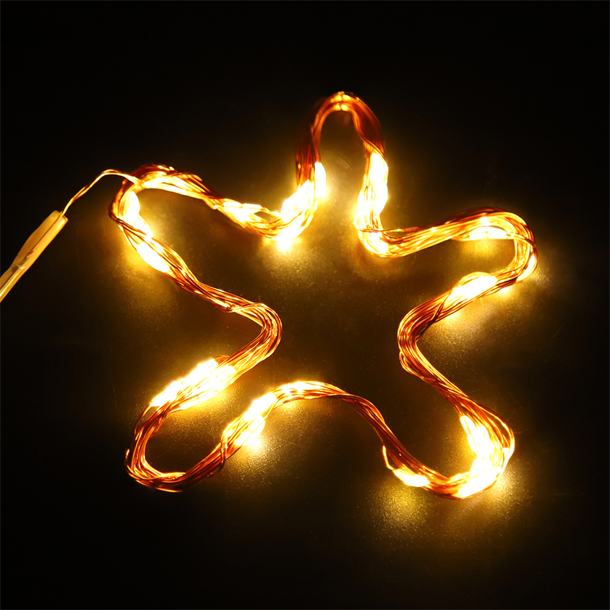 Ein sternförmiger Lichterketten auf dunklem Hintergrund.