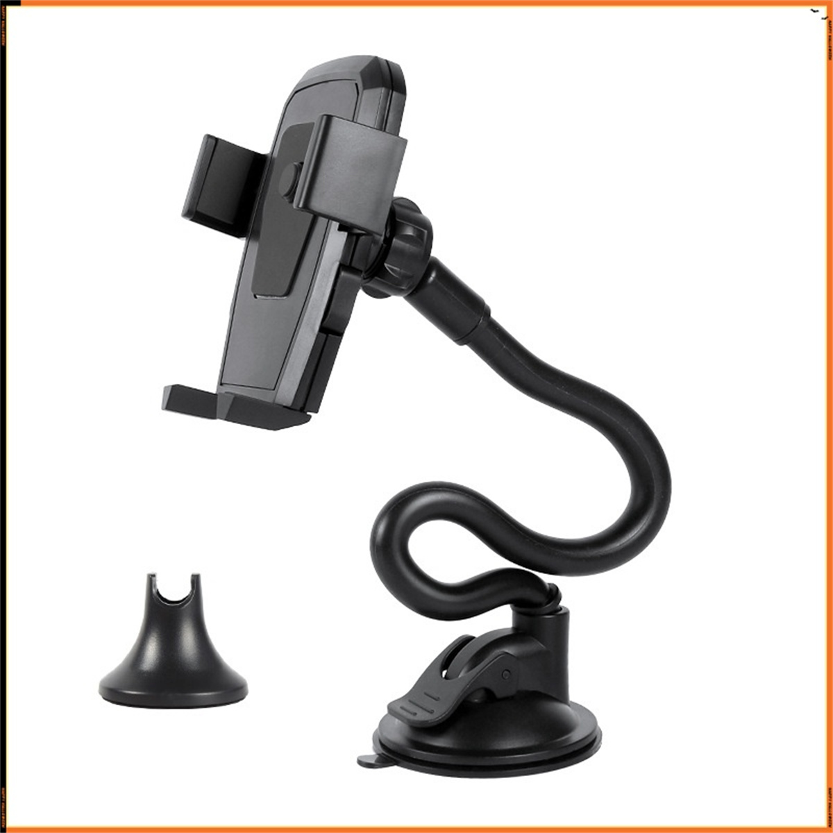 Schwarzer Autotelefonhalter, mit flexiblem Arm und Saugnapfbasis, und separater Basis.