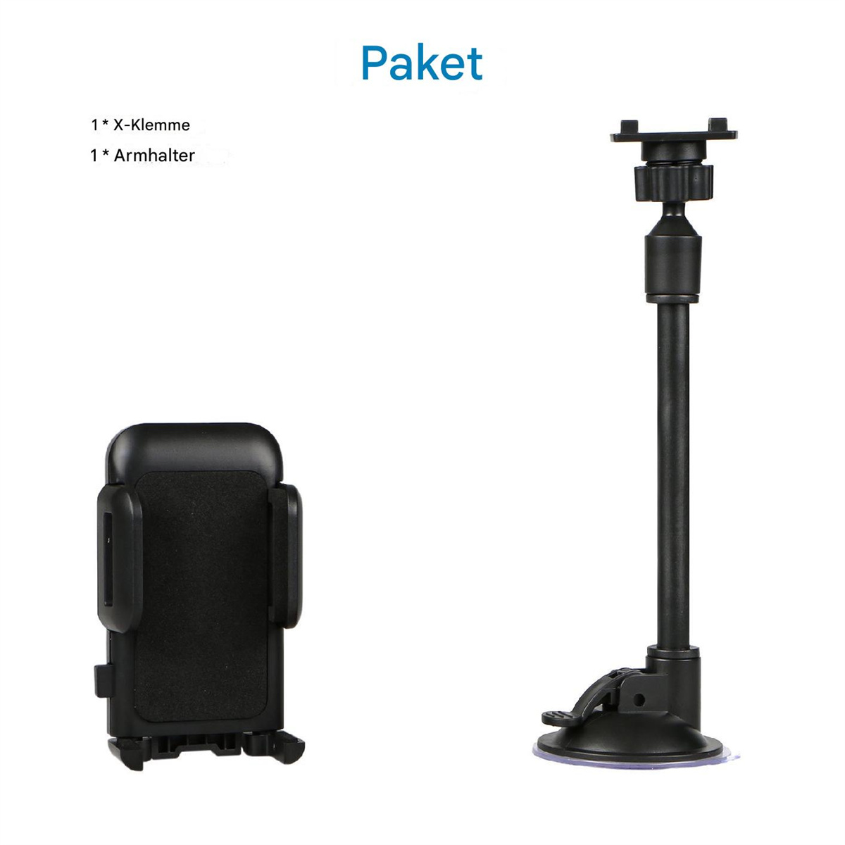 Ein Telefonhalter mit Saugnapf, langem Arm und Telefonclip.