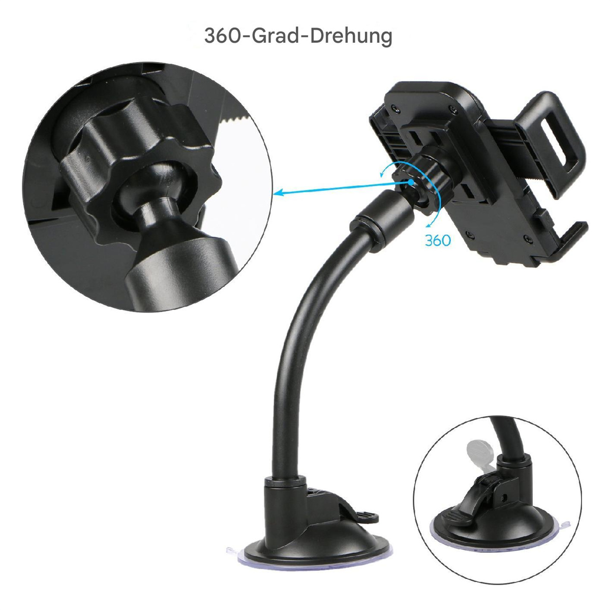 Ein schwarzer Telefonhalter mit flexiblem Hals und Saugnapfbasis, und Drehmechanismus.