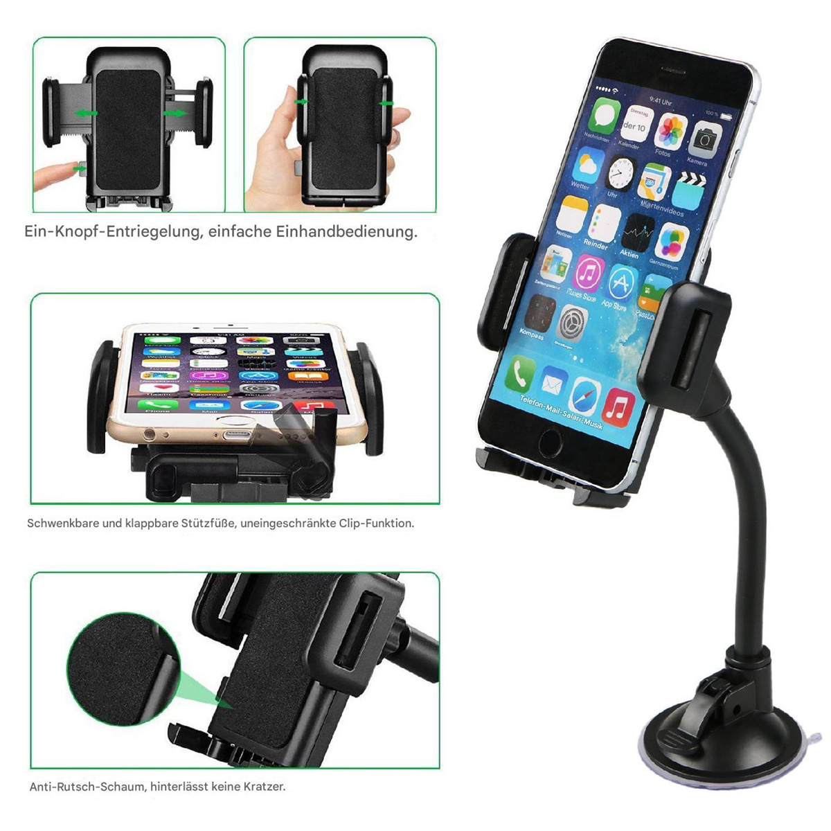 Eine Autotelefonhalterung mit einem Telefon. Das Telefon hat einen schwarzen Bildschirm und wird von einem schwarzen Halter gehalten.