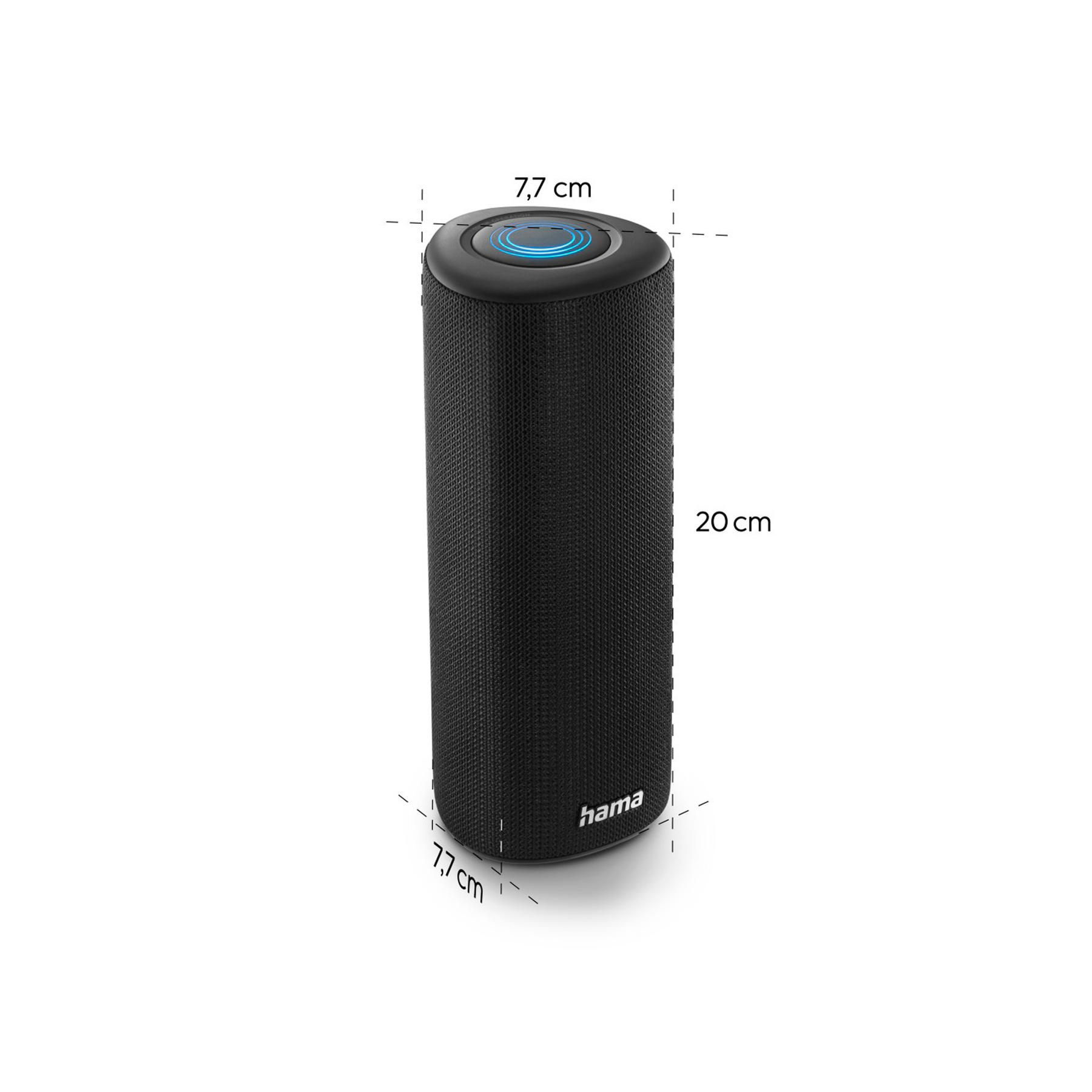 Czarny cylindryczny głośnik Bluetooth z marką 'hama', pokazano wymiary.