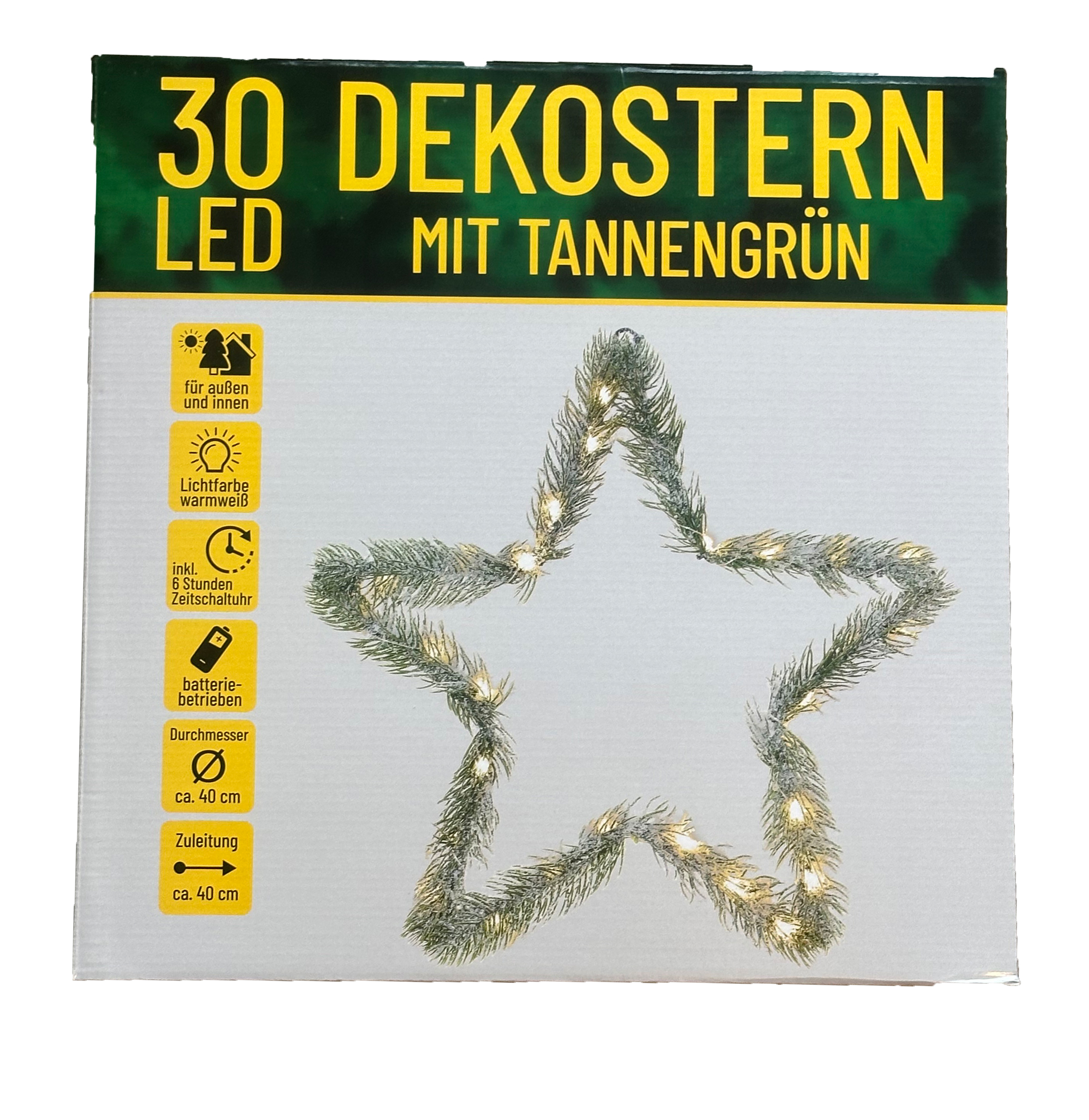 Box mit einem sternförmigen Weihnachtslicht. Es ist grün mit weißen Lichtern und hat Text auf Deutsch.