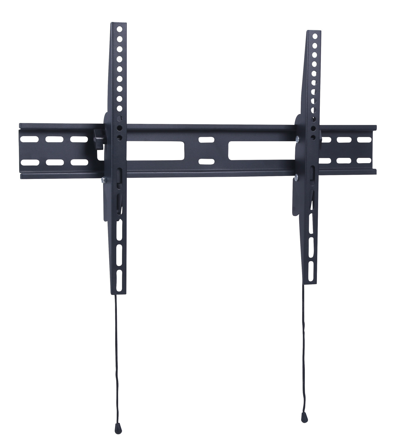 Un supporto a parete per TV nero su sfondo bianco. Ha due guide verticali e una barra orizzontale.