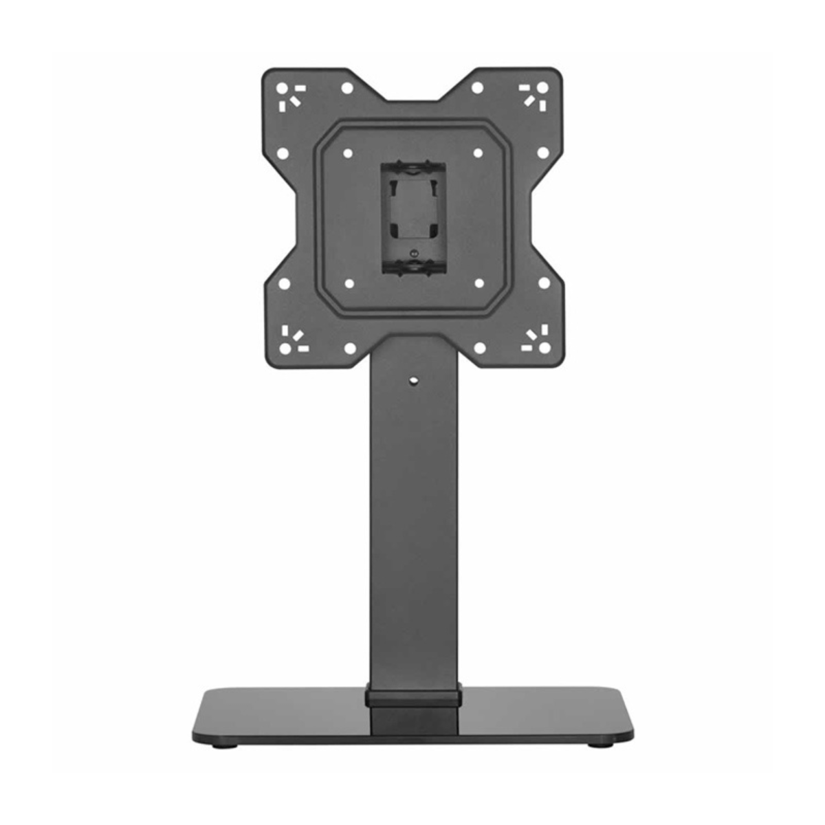 Un supporto TV nero con una base rettangolare e un palo centrale.