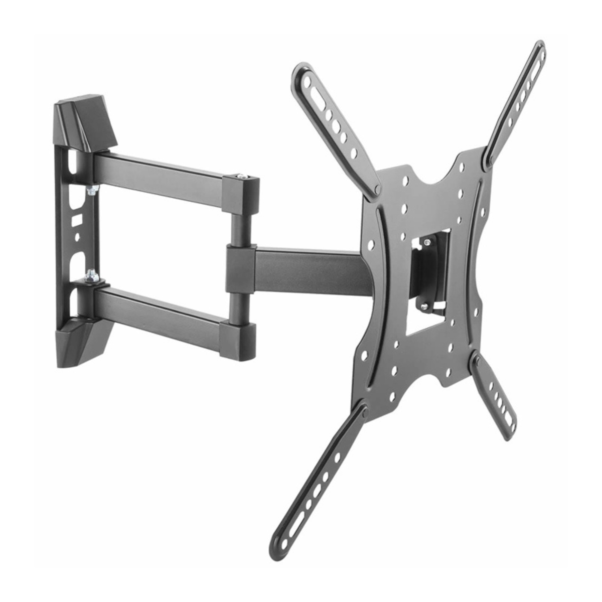 Supporto a parete per TV nero, design a braccio articolato, con hardware di montaggio.
