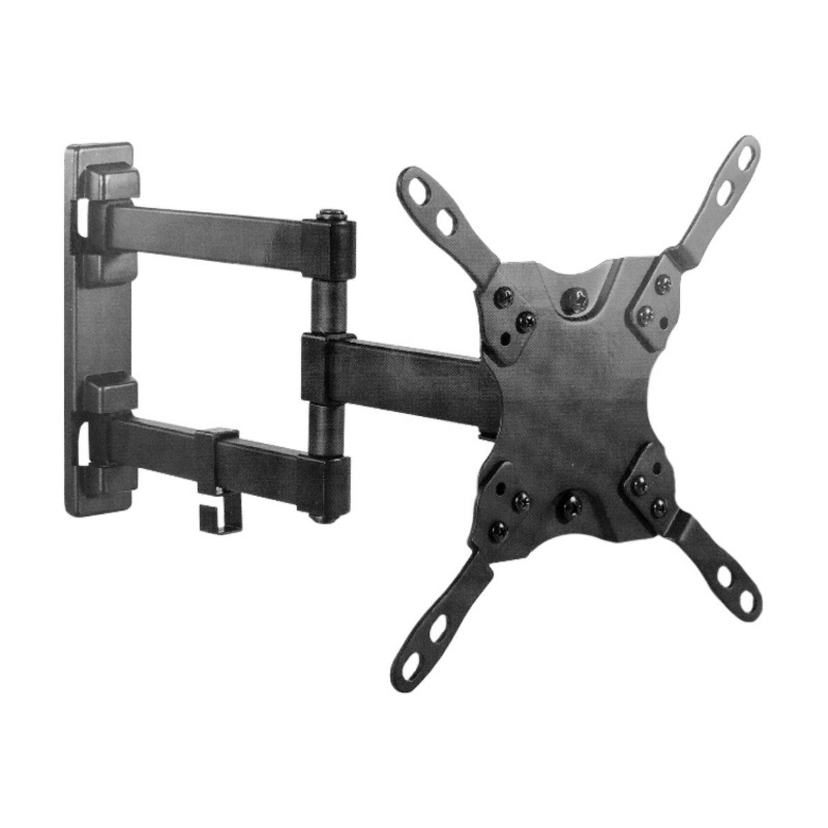 Un supporto a parete TV grigio con bracci articolati, progettato per il montaggio.
