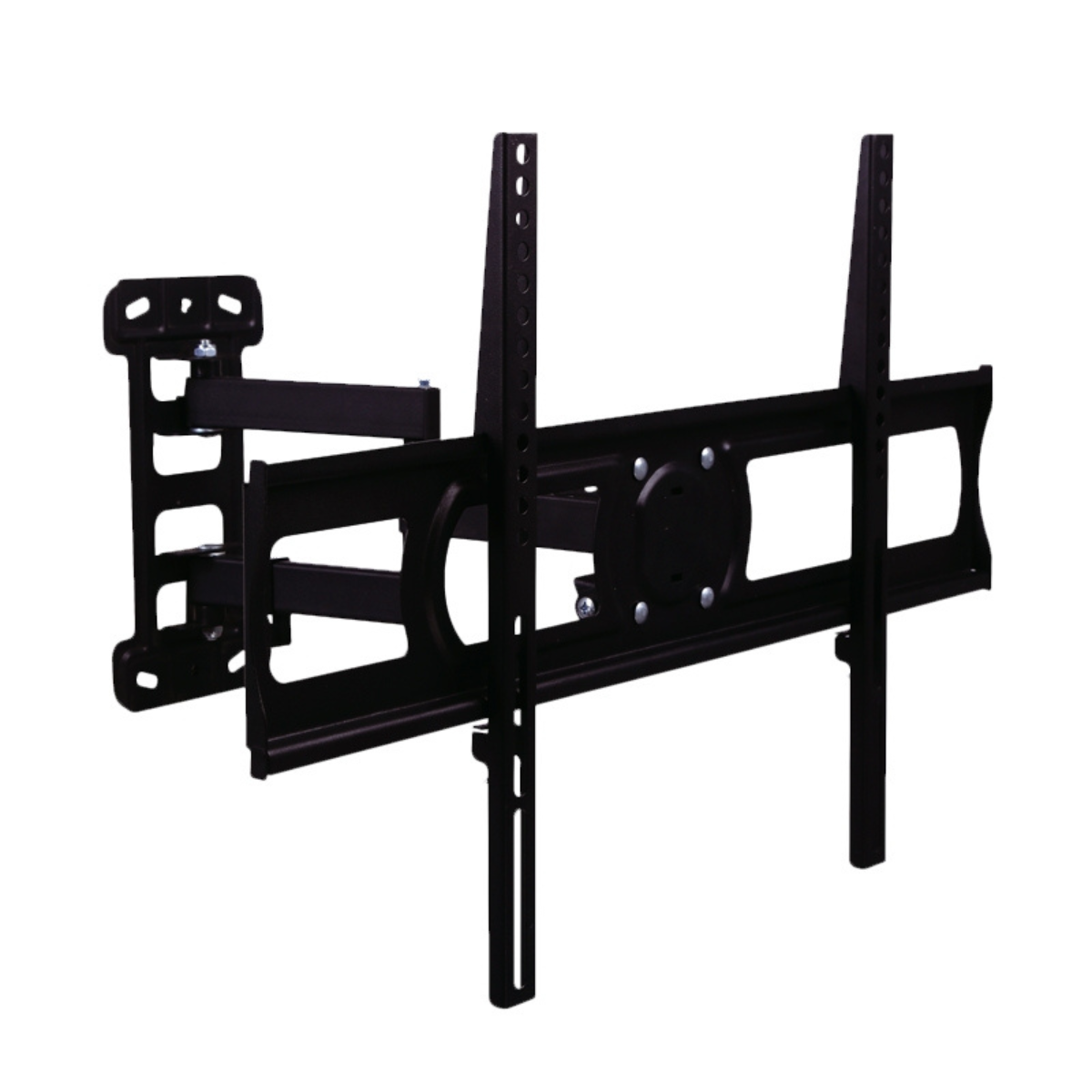 Supporto a parete per TV nero, design robusto, con molteplici punti di articolazione.