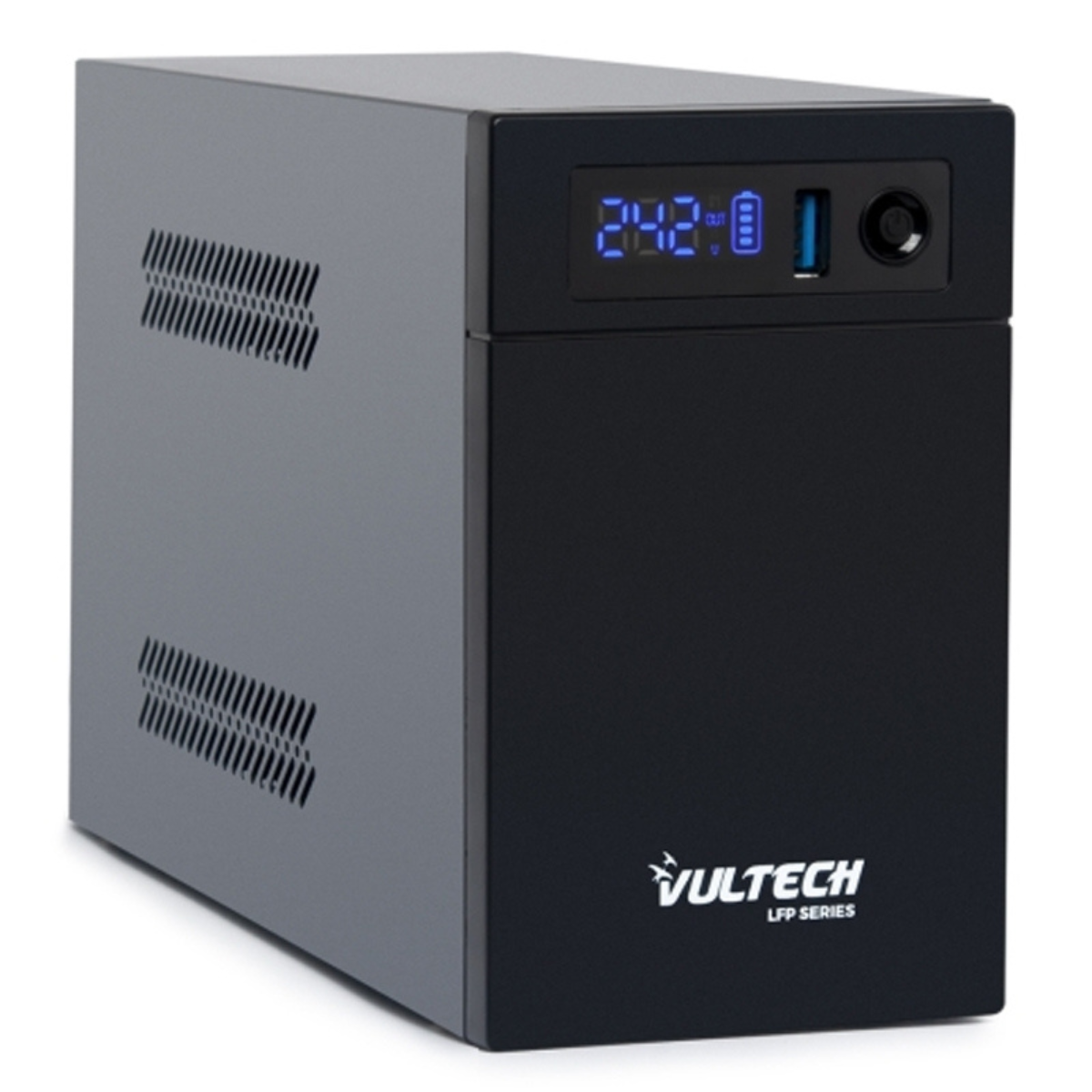 Un UPS nero Vultech serie LFP, con display digitale e pulsante di accensione.