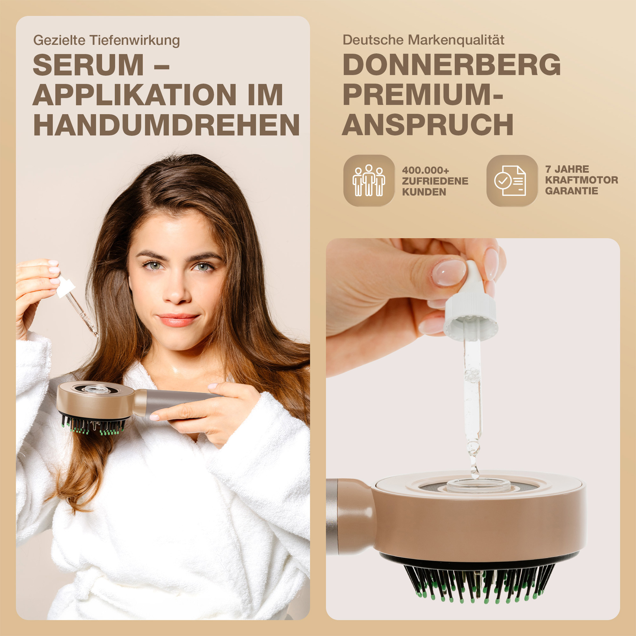 Una donna che applica il siero sui capelli. Altre immagini mostrano una spazzola e un flacone di siero.