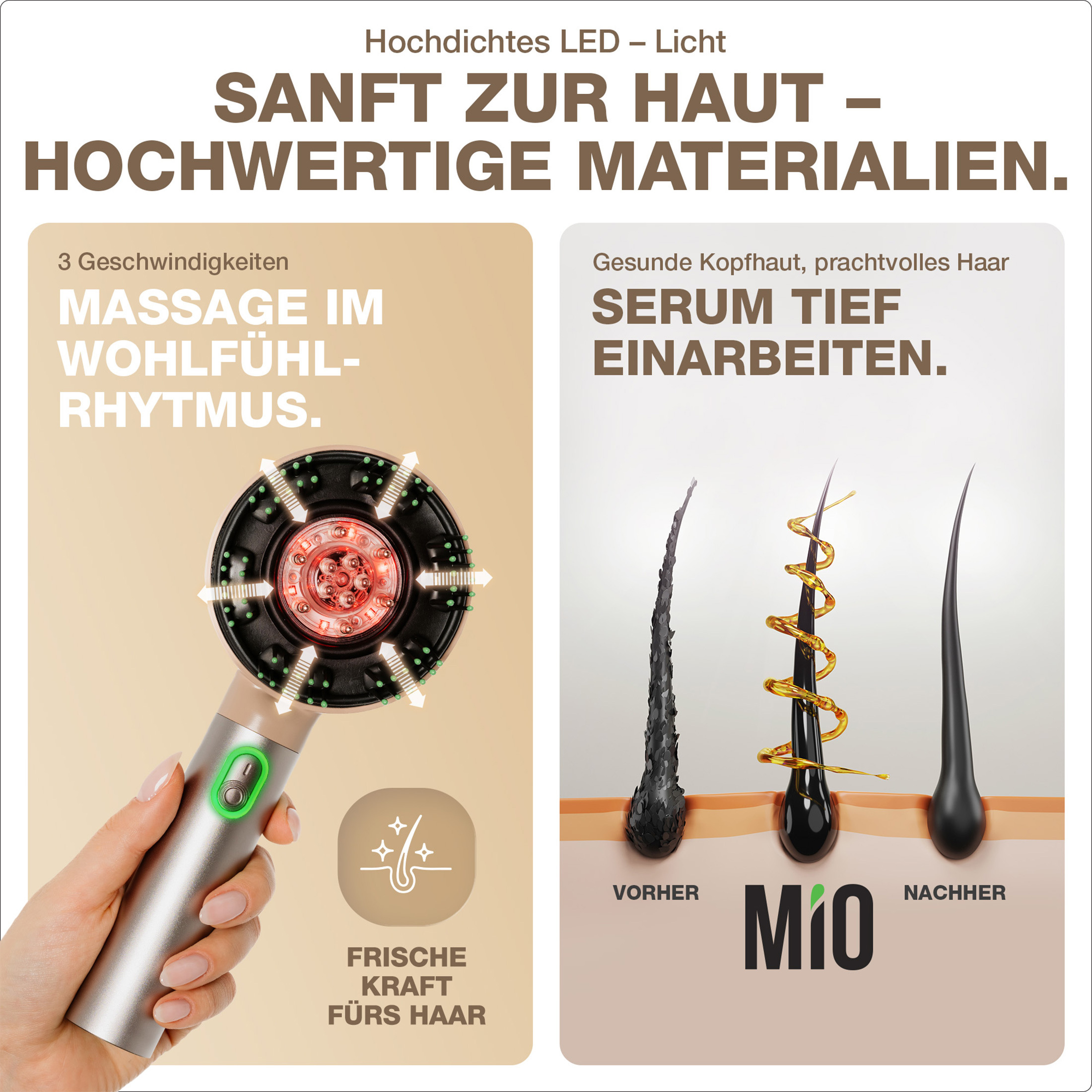 Mano che tiene un dispositivo per la cura dei capelli. Mostra le fasi dei capelli: danneggiati, trattati e sani. Sfondo bianco.