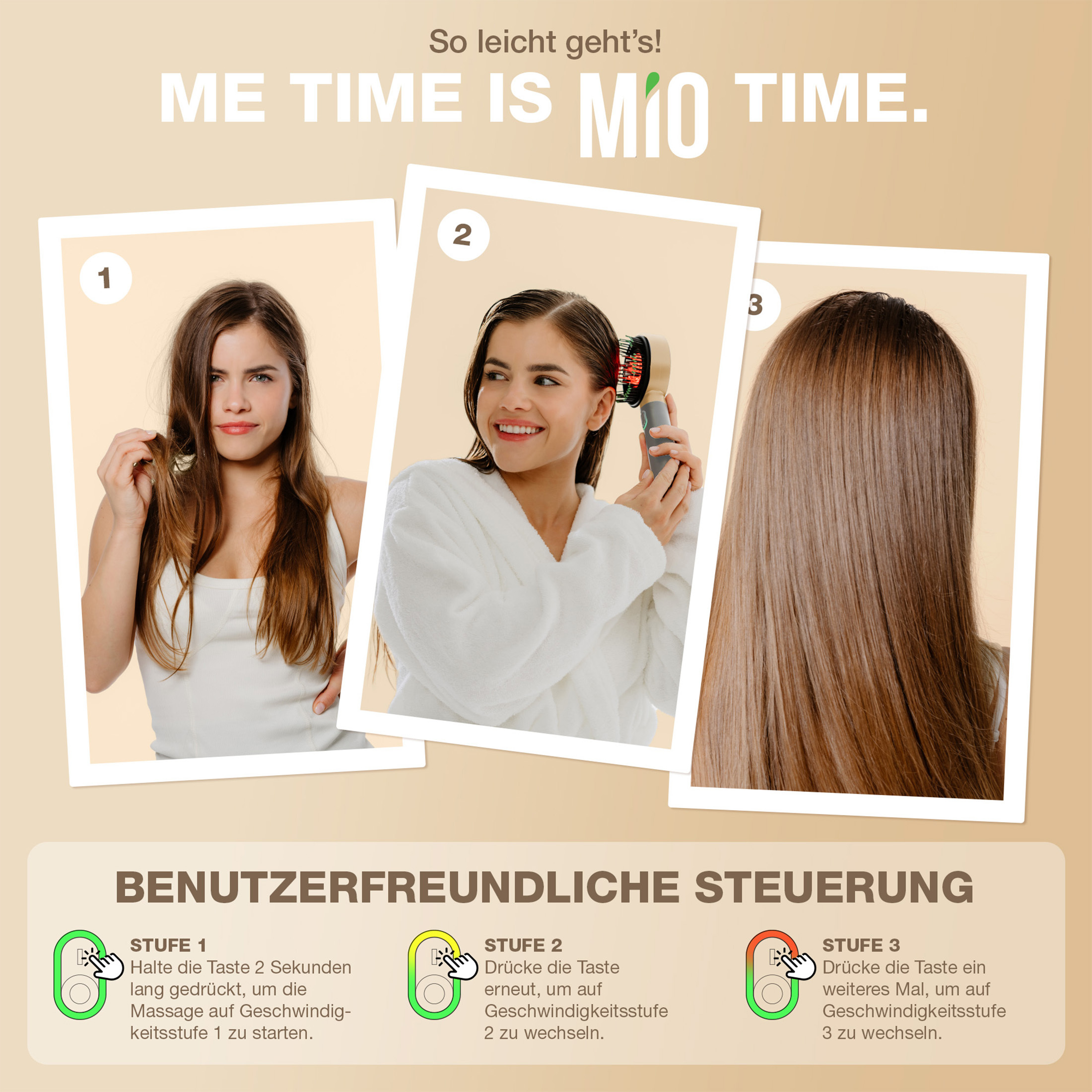 Serie di immagini che mostra una donna che si spazzola i capelli in tre fasi, con testo.