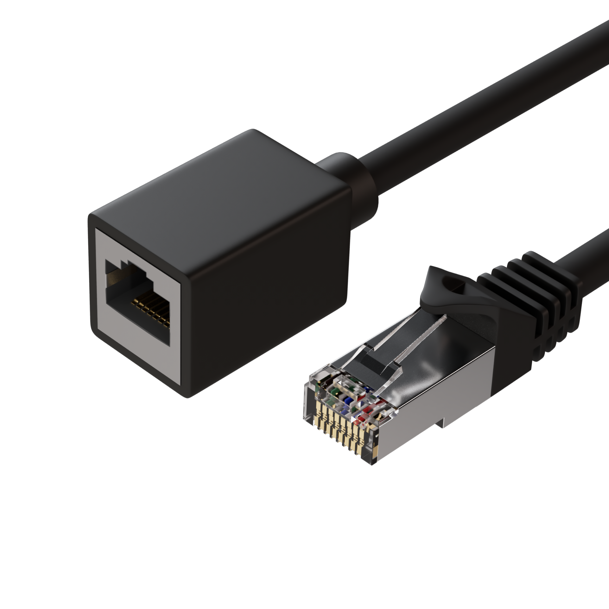 Schwarzes Netzwerkkabel mit Stecker und schwarzem Adapter, auf weißem Hintergrund.