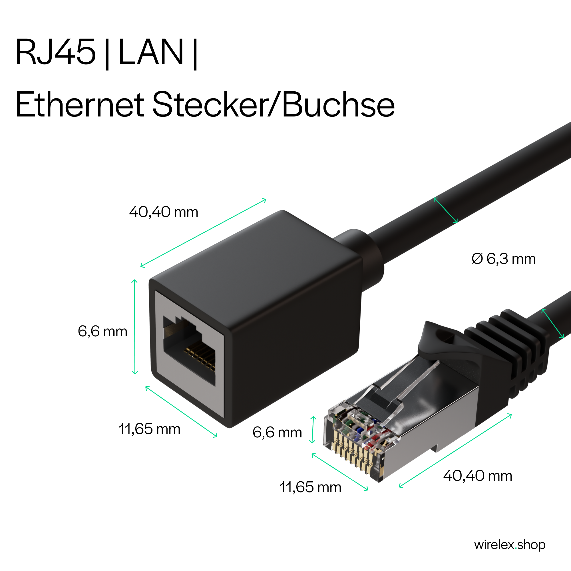 Schwarzer RJ45 LAN Ethernet-Anschluss mit Maßangaben. Der Anschluss wird neben seinem Stecker gezeigt.