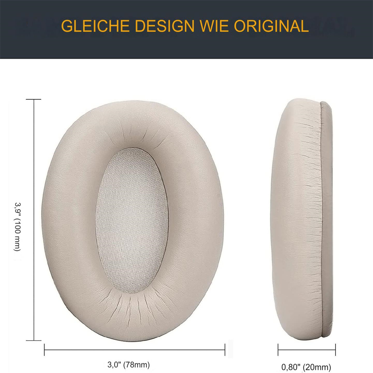 Zwei beige Kopfhörer-Ohrmuscheln, eine Seitenansicht, eine Vorderansicht. Abmessungen sind 3,0"x3,9" und 0,80" dick.