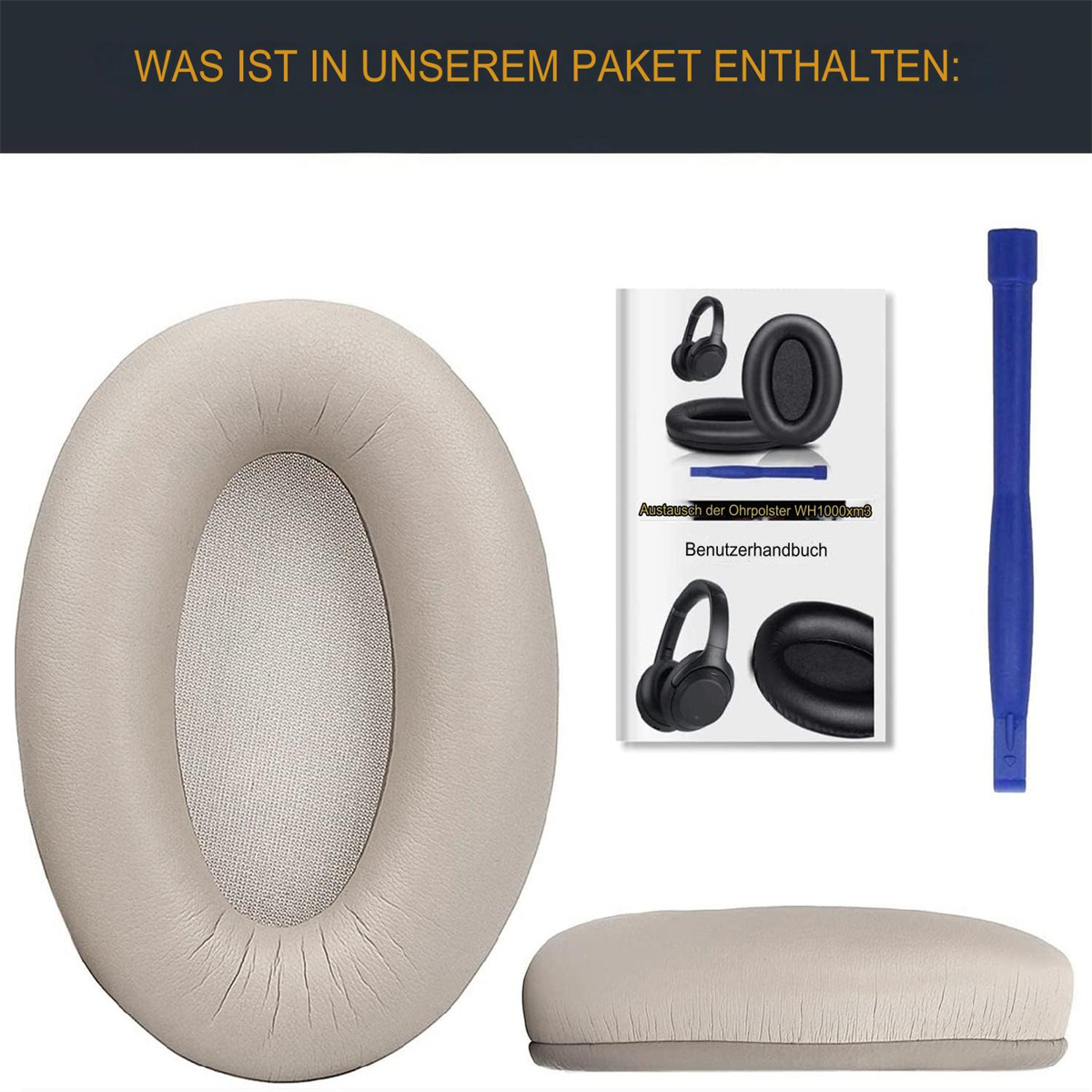 Ohrpolster, ein Reinigungswerkzeug und ein Kopfhörerpaar werden auf weißer Oberfläche angezeigt.