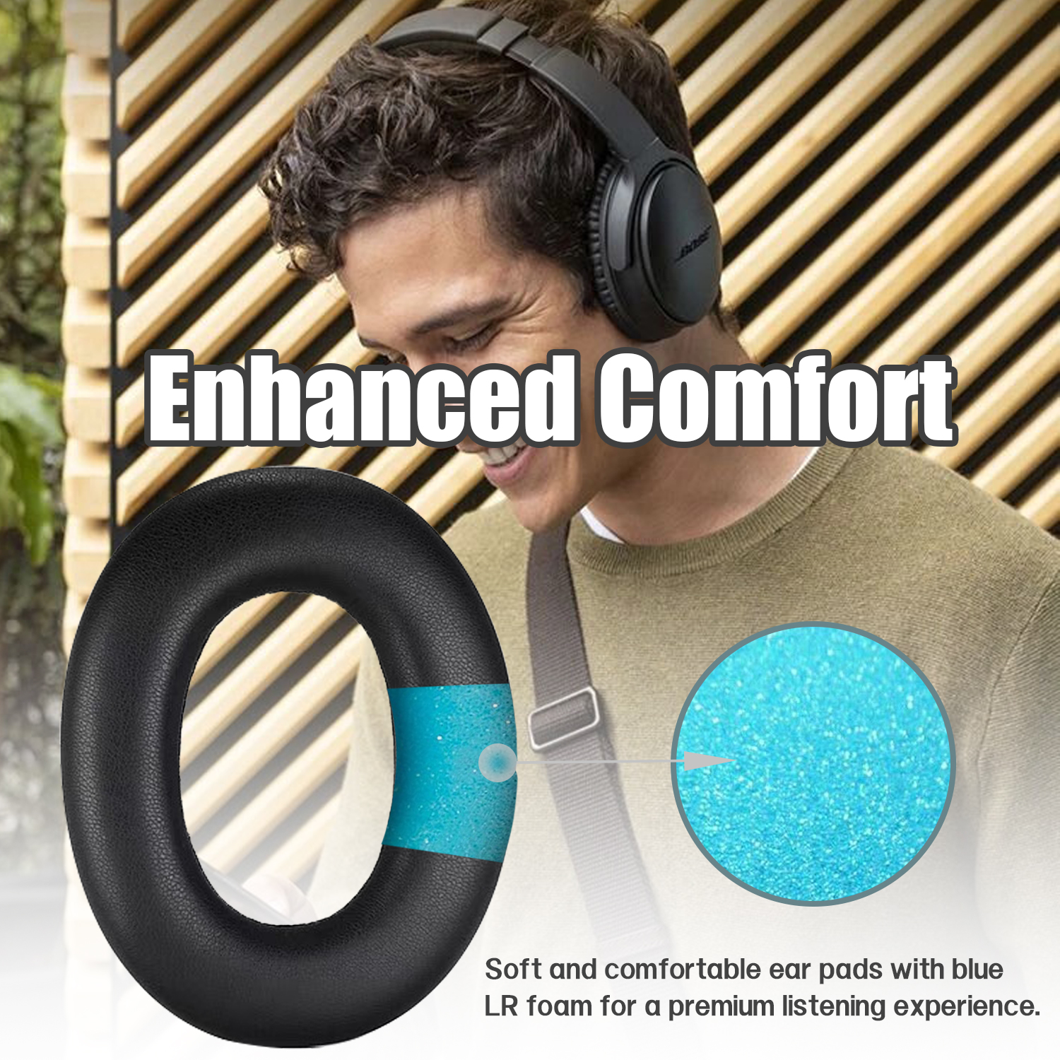 Mężczyzna w słuchawkach z bliska poduszki na uszy i pianki.