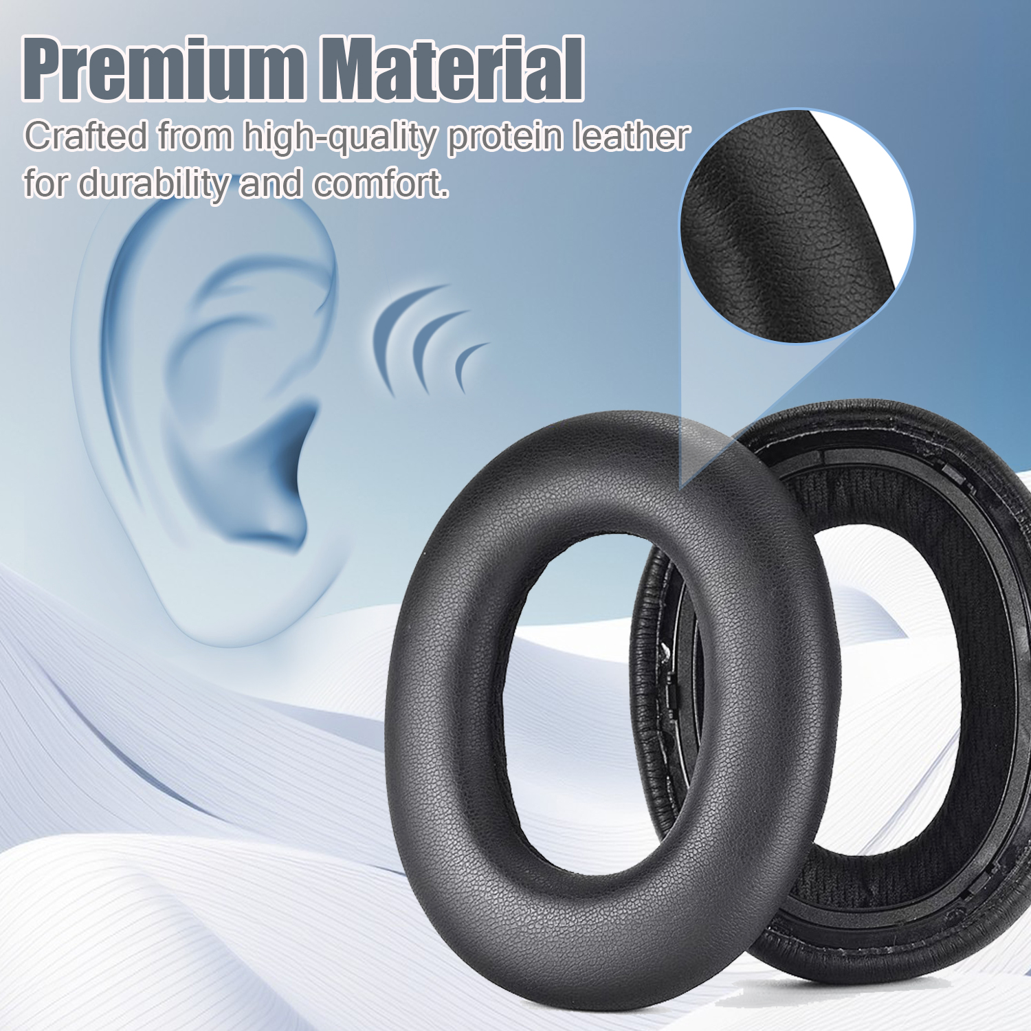 Para czarnych nauszników do słuchawek. Jeden jest cały, drugi jest przecięty, aby pokazać wnętrze.