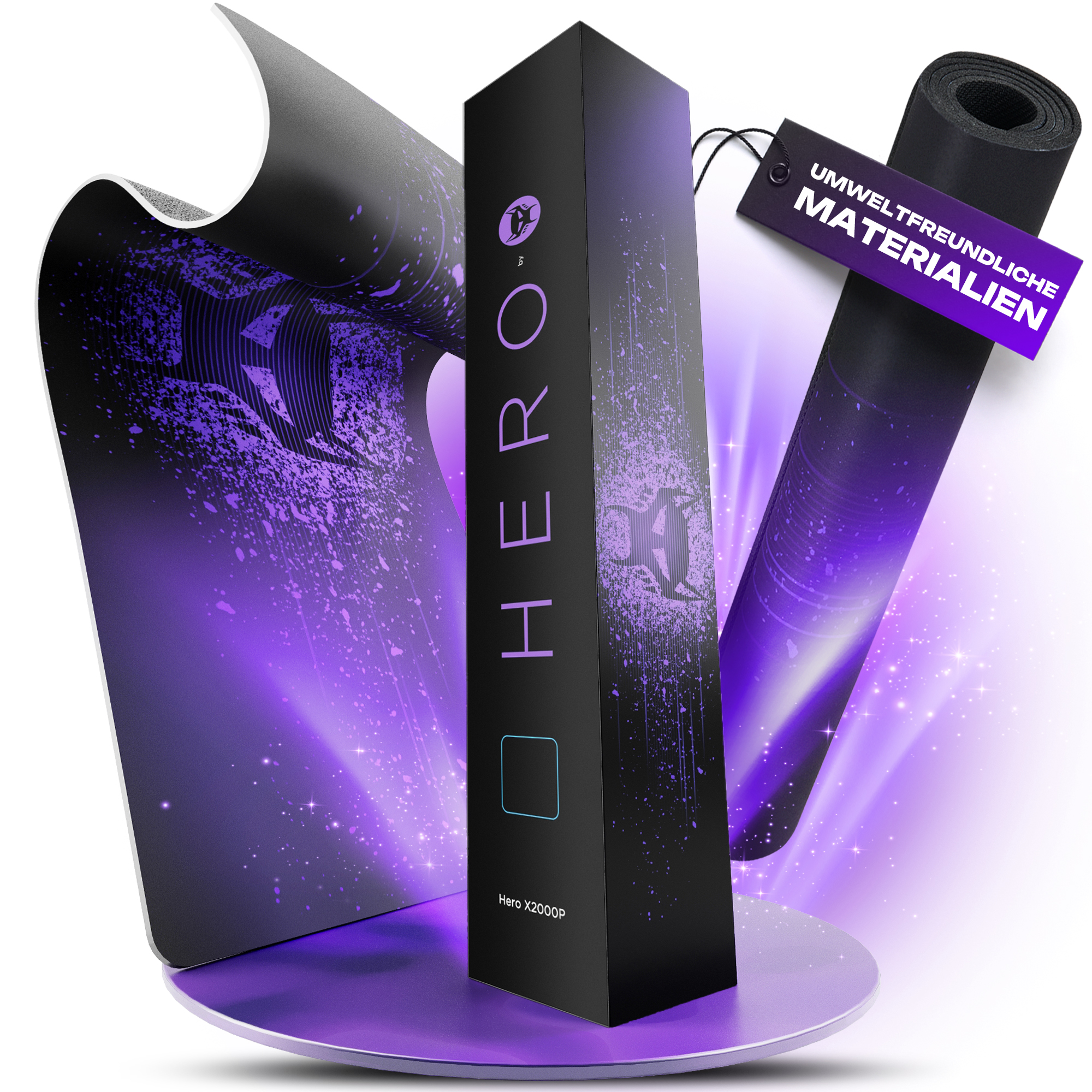 Czarne pudełko z napisem 'HERO', z fioletowym wzorem. Jest mata i fioletowy wyświetlacz.