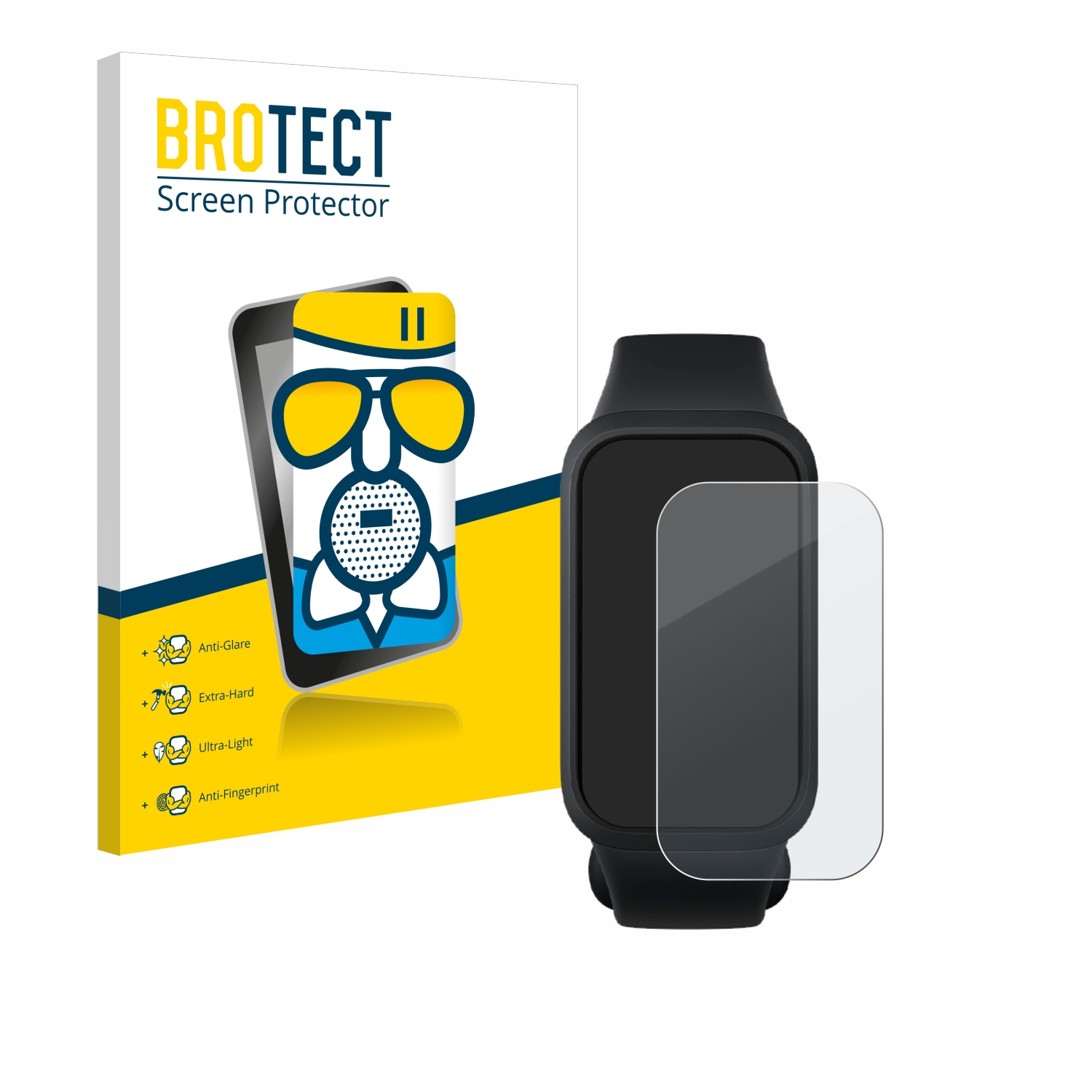 Schwarze Smartwatch mit Displayschutzfolie und Verpackung mit Funktionen auf weißem Grund.
