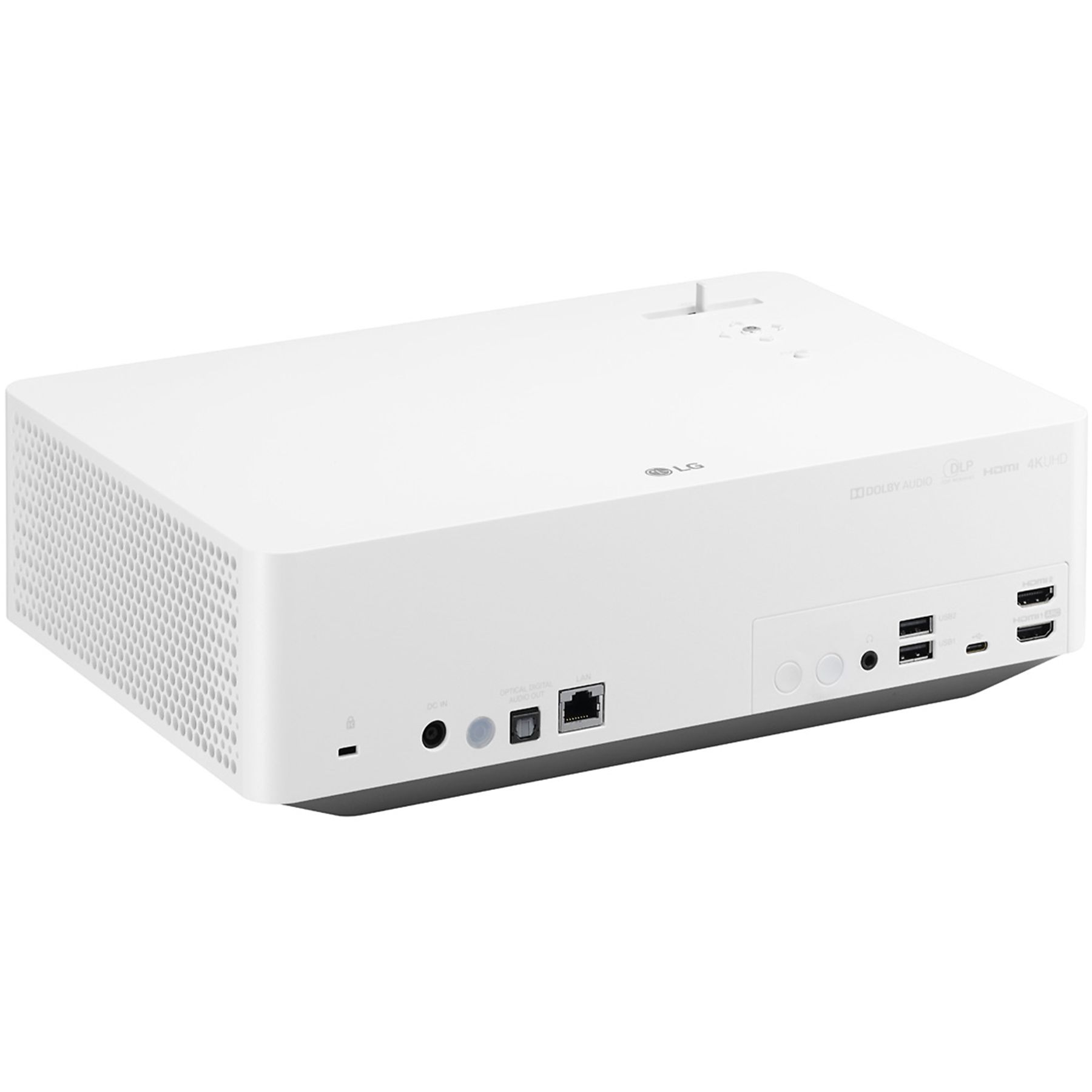 Biały projektor LG. Posiada różne porty wejściowe i otwór wentylacyjny z boku, ustawiony pod kątem od góry.