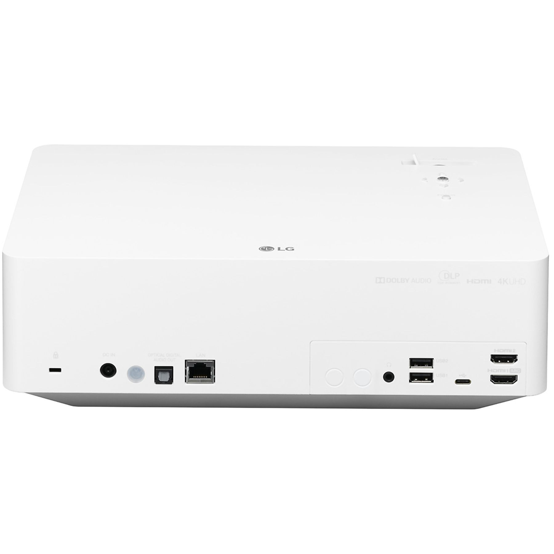 Biały projektor LG z portami z tyłu: DC in, optyczne, LAN i HDMI. Etykiety Dolby Audio i 4K UHD.
