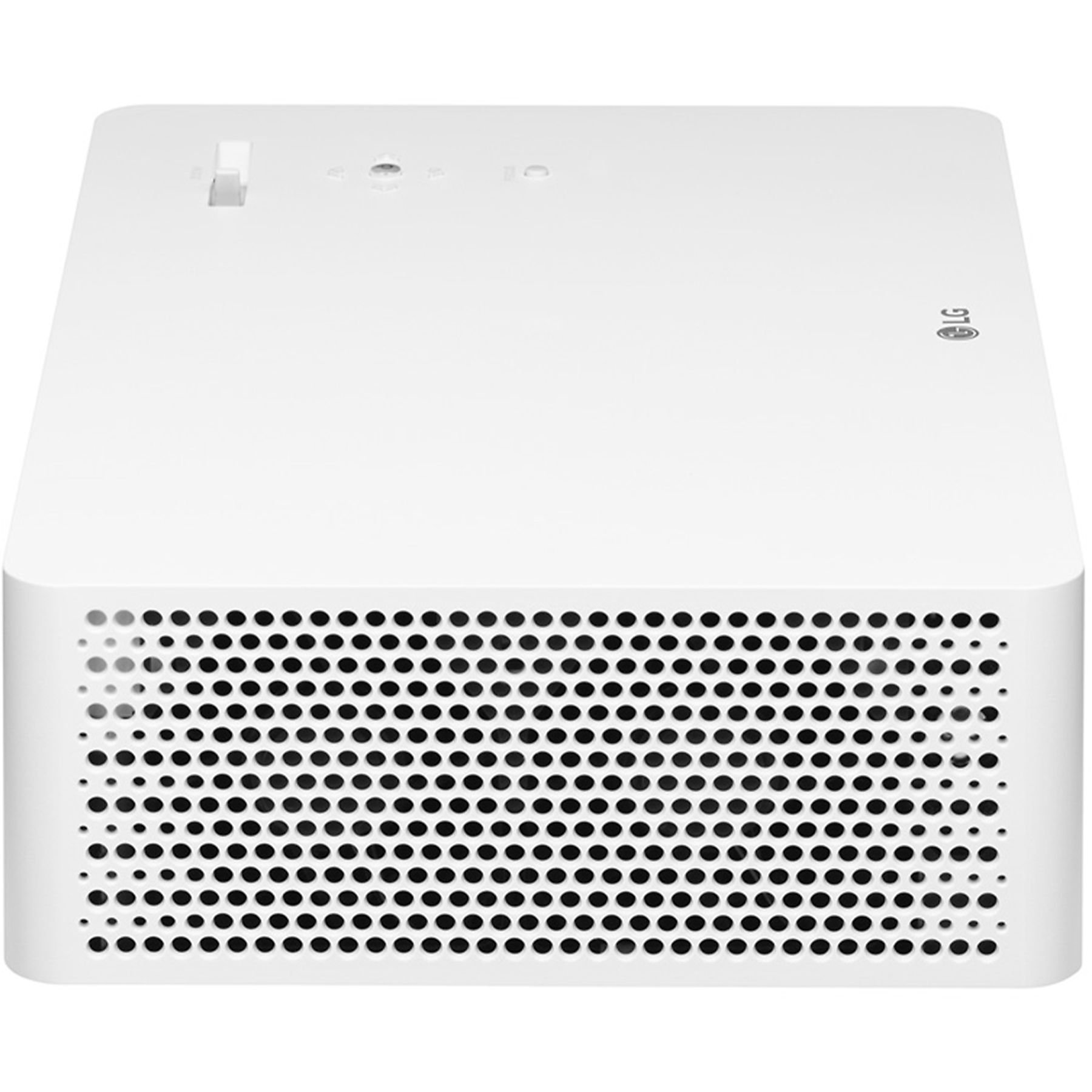 Biały projektor, widok z góry. Ma otwór wentylacyjny, przycisk zasilania i logo LG.