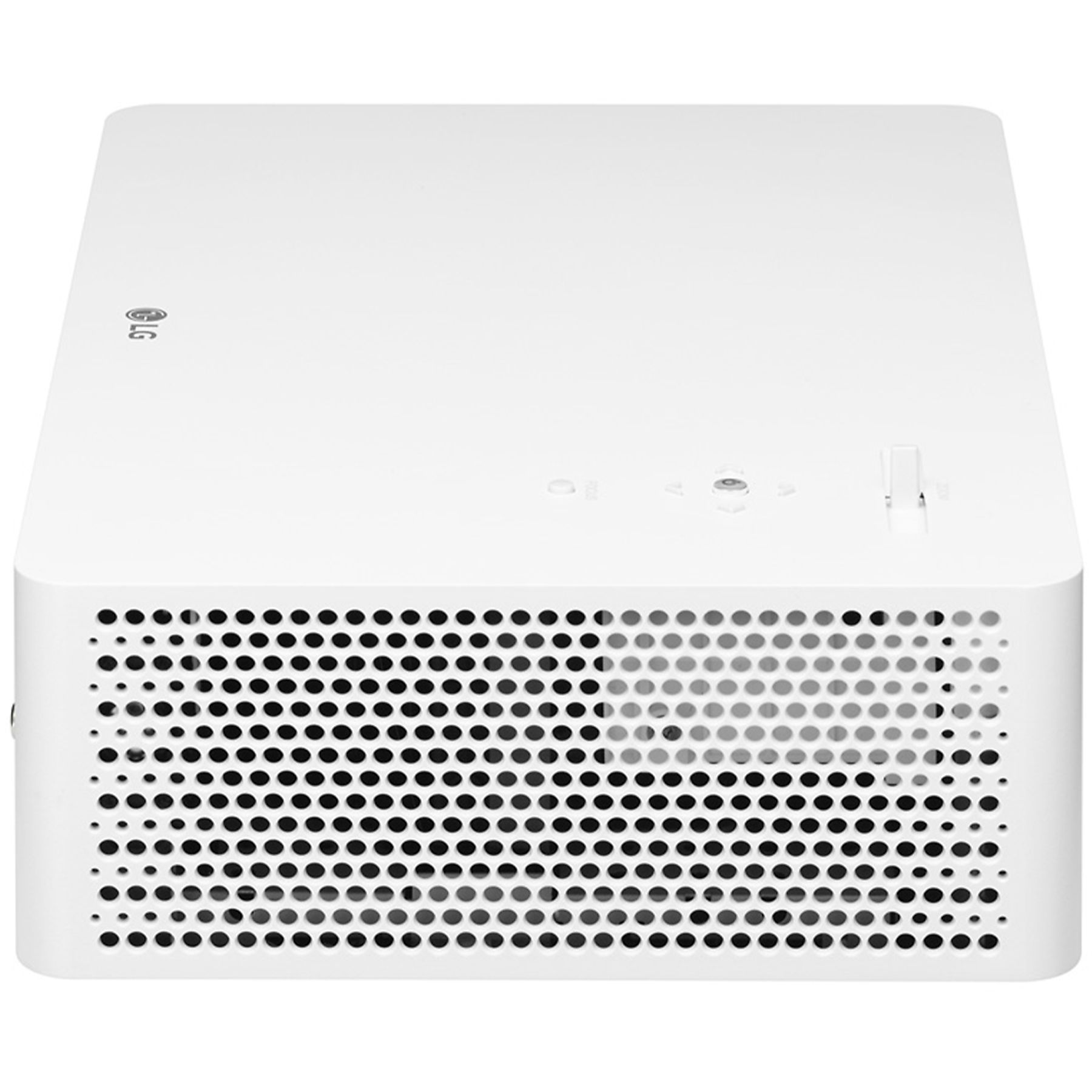 Biały projektor z otworami wentylacyjnymi i przyciskiem zasilania.