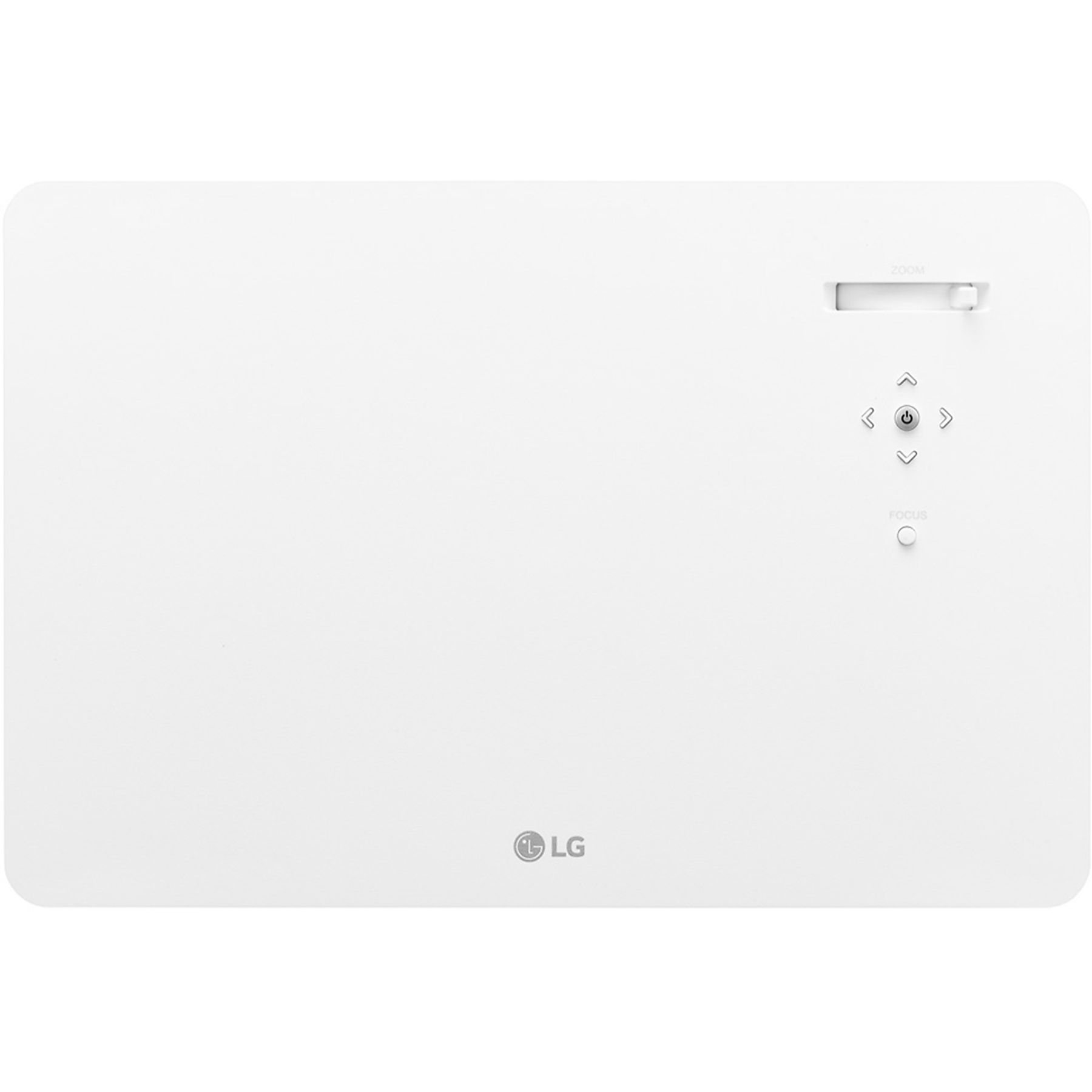 Biały projektor LG, widok z góry, widoczne elementy sterujące i logo.