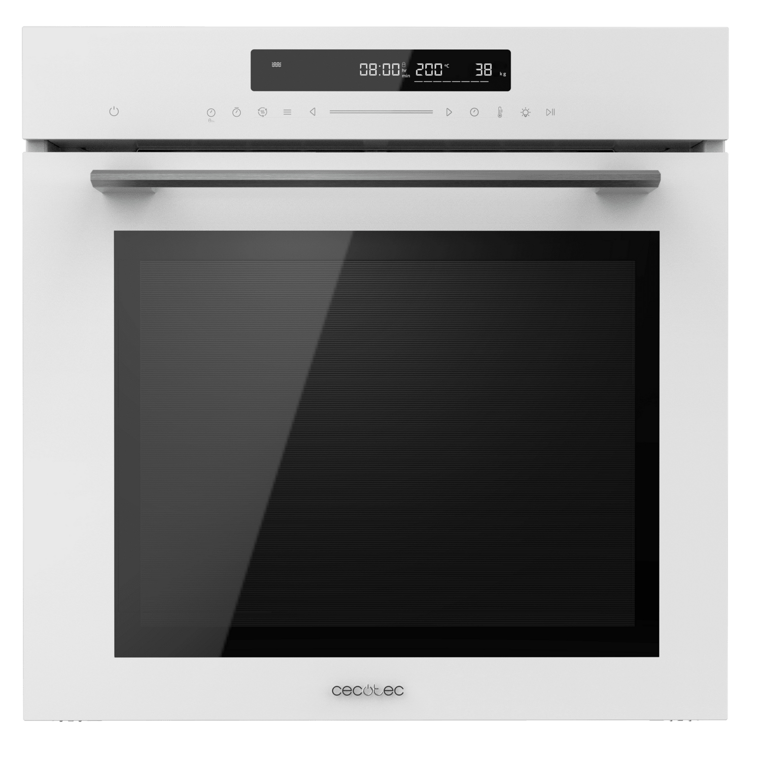 Horno blanco con pantalla digital que muestra la hora y la temperatura. La puerta del horno está cerrada.