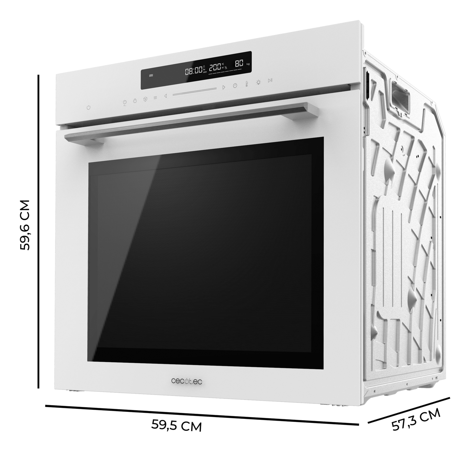 Horno blanco con dimensiones, mostrando vista frontal y lateral.