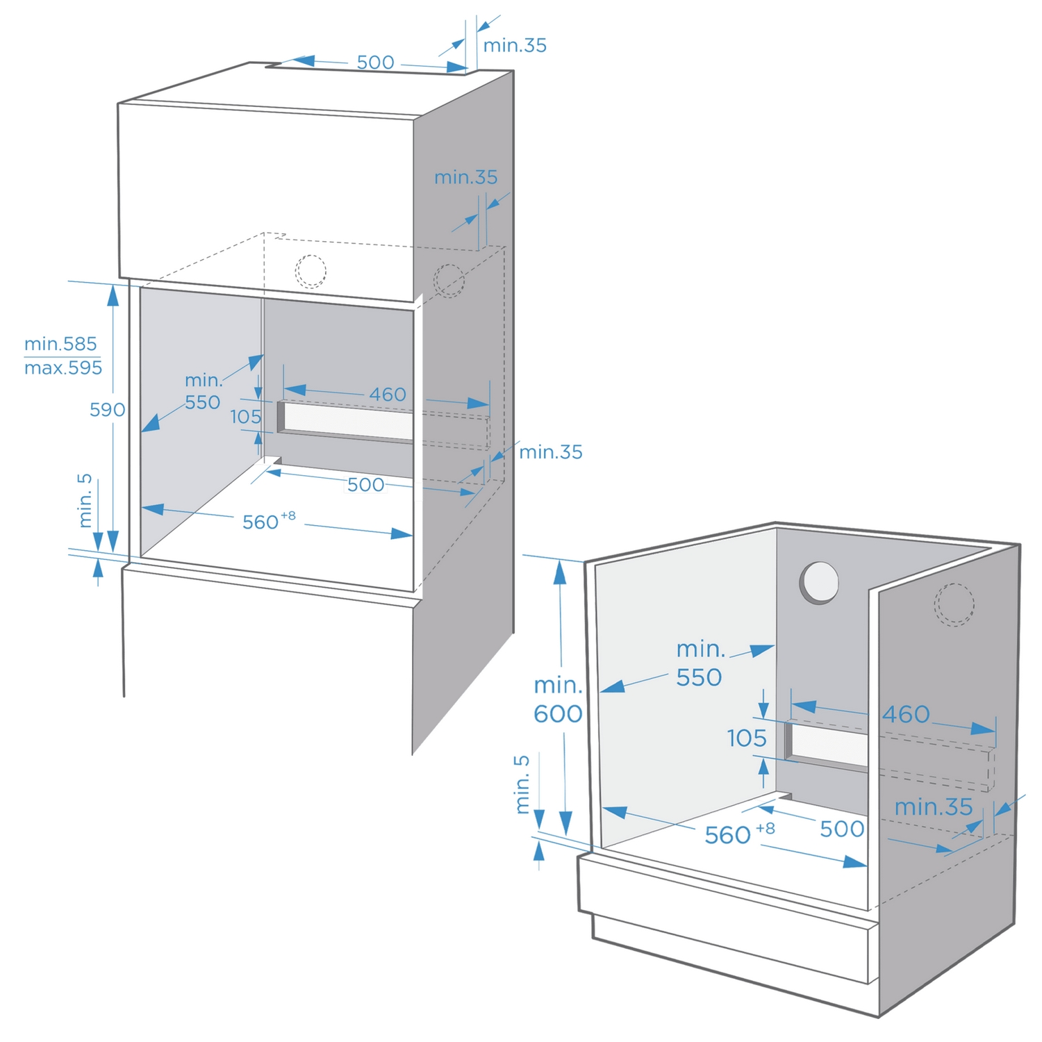 Dibujo técnico de un electrodoméstico empotrado. Muestra dimensiones, cortes y estructura general.