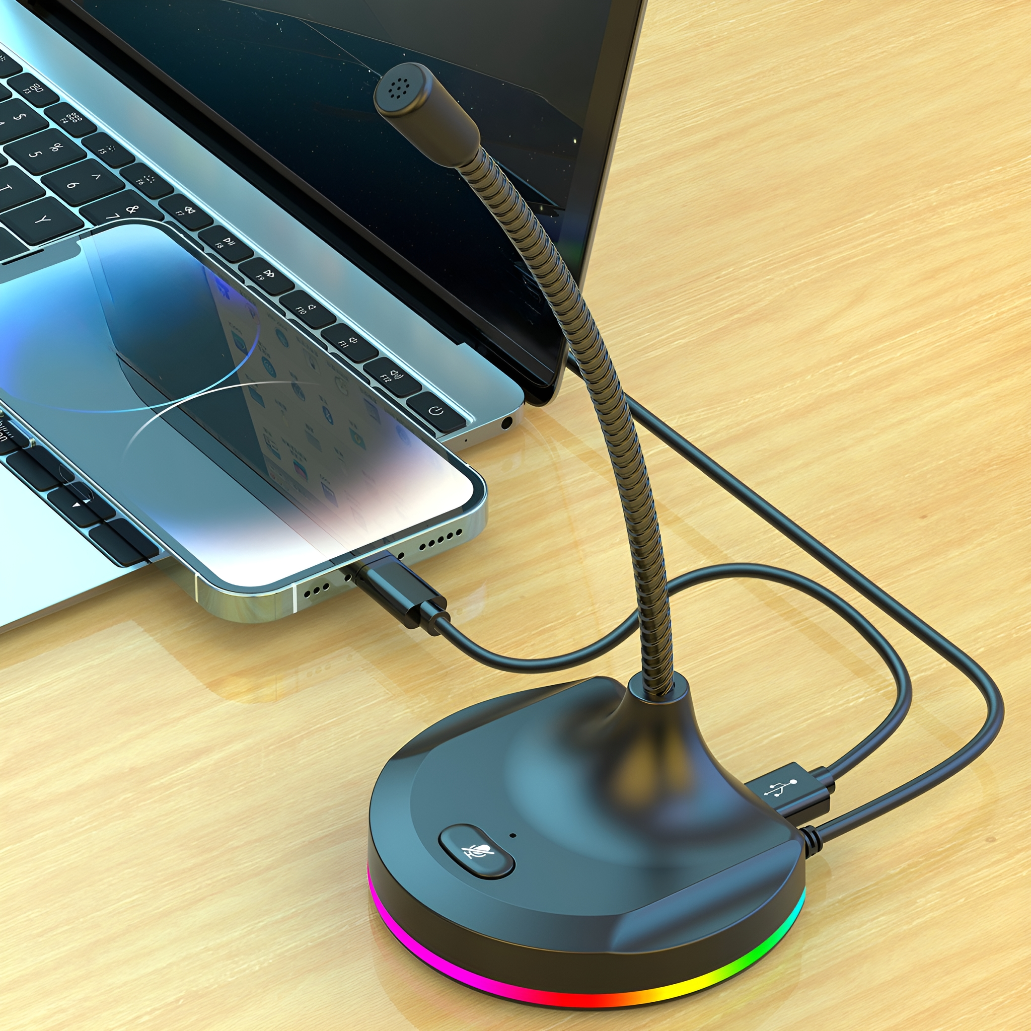 Ein schwarzes Mikrofon, das mit einem Laptop und einem Telefon verbunden ist. Das Mikrofon hat einen Regenbogenfuß.